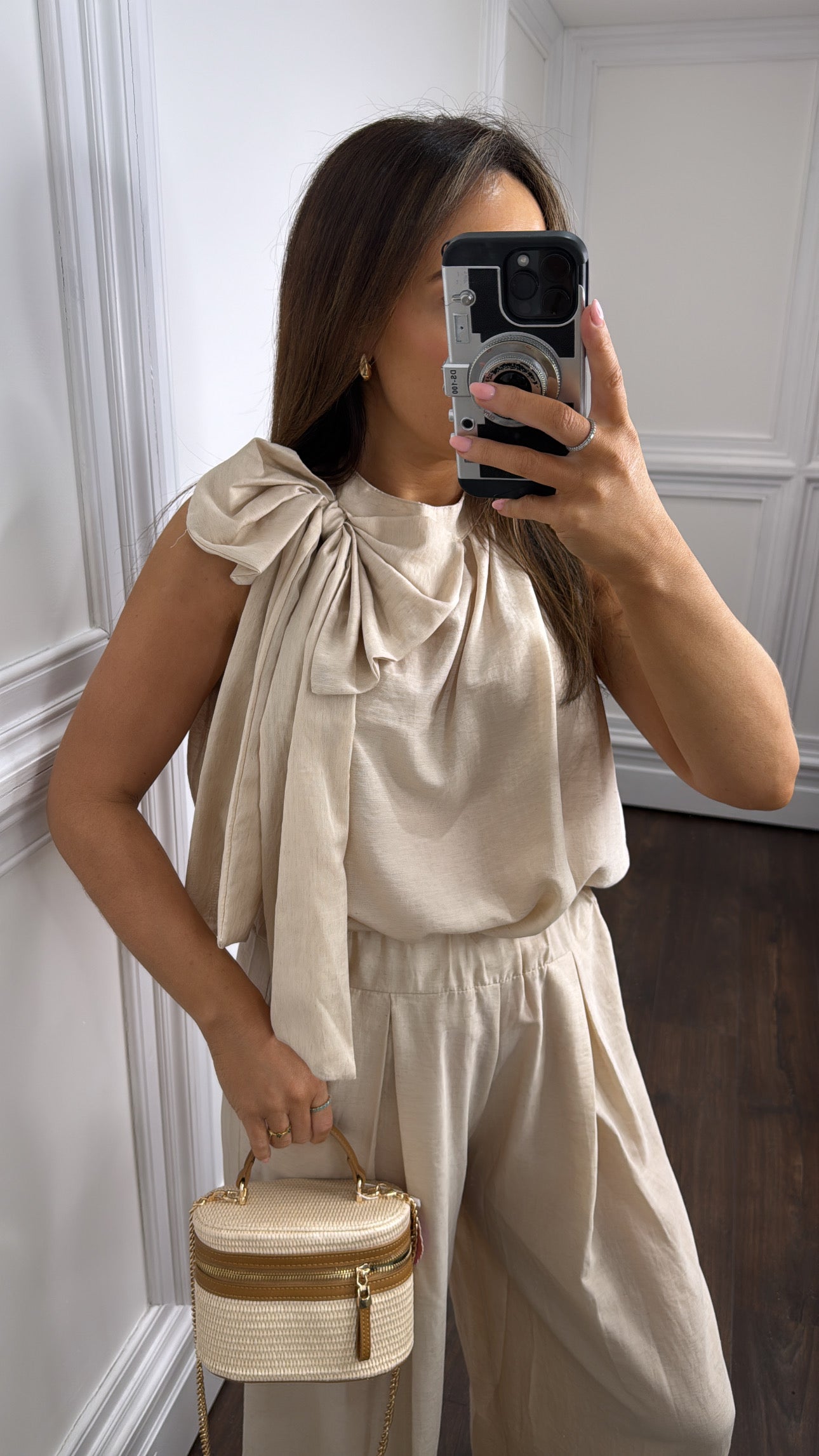 BELLA beige bow detail top and trousers co-ord