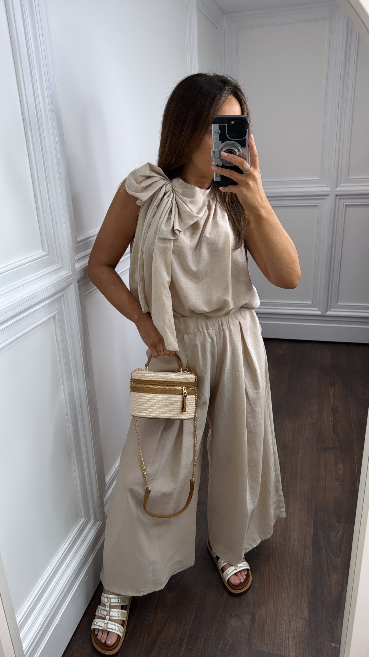 BELLA beige bow detail top and trousers co-ord
