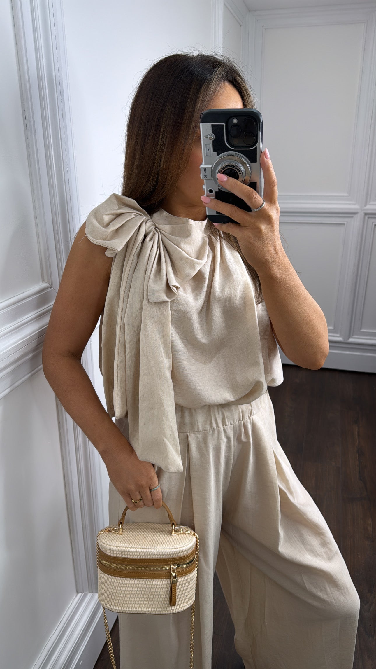BELLA beige bow detail top and trousers co-ord