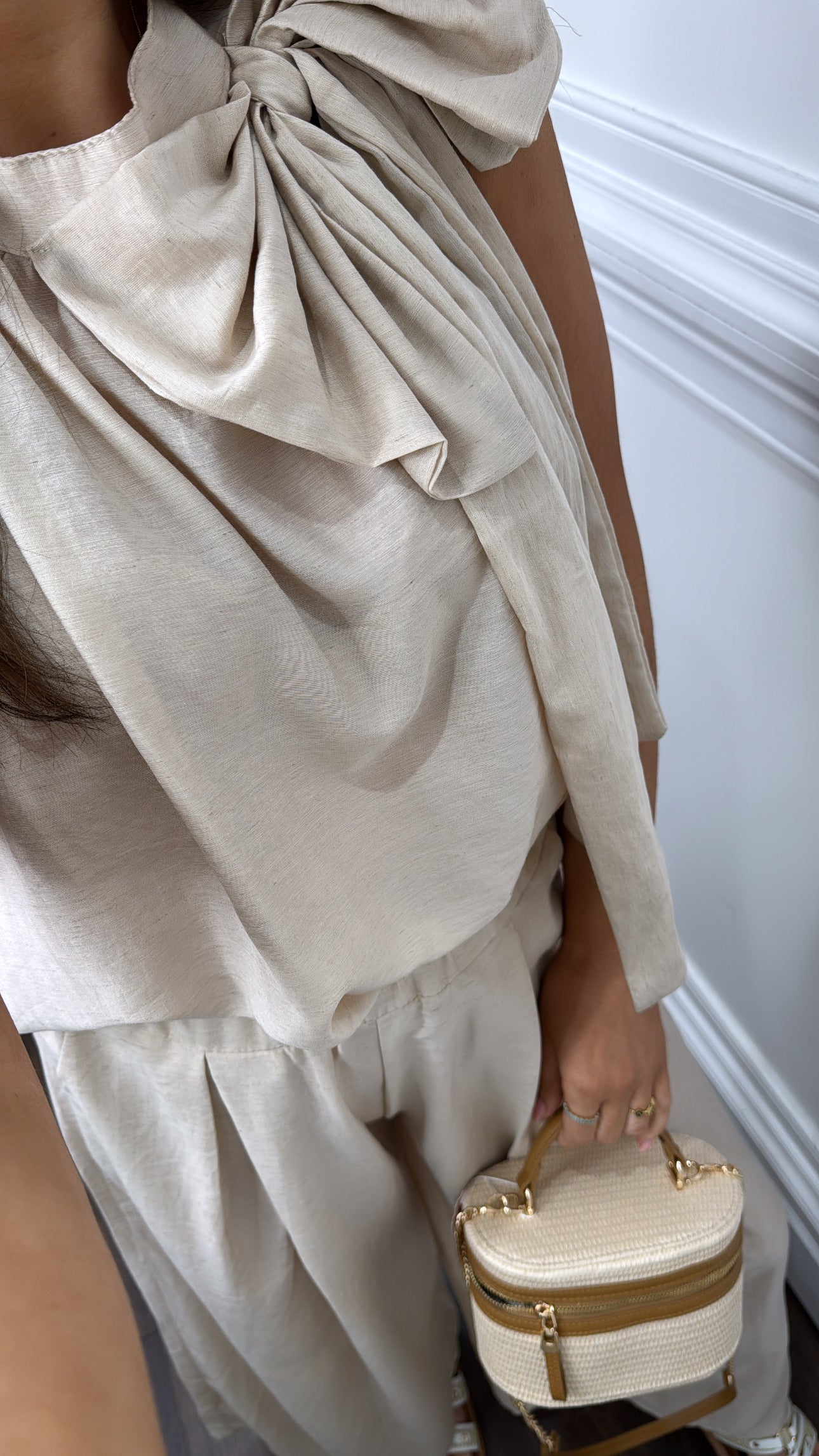 BELLA beige bow detail top and trousers co-ord