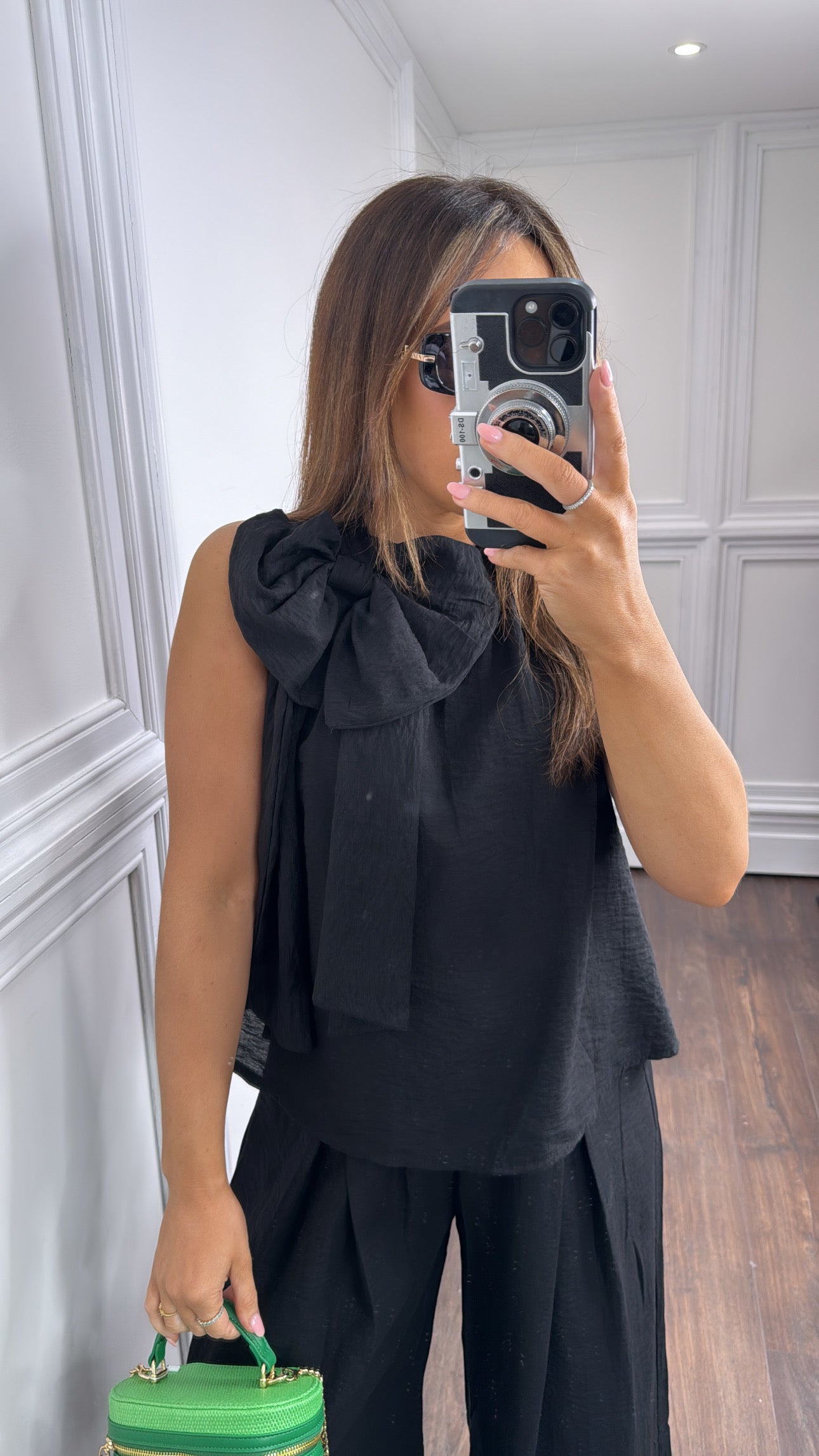 BELLA black bow detail top and trousers co-ord