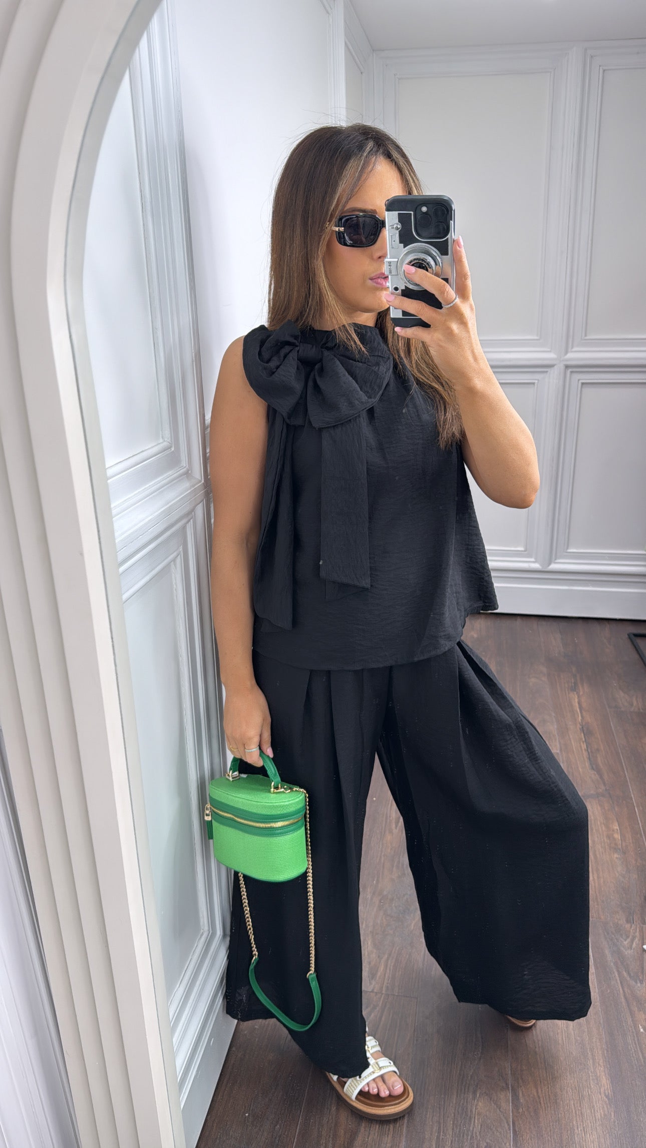 BELLA black bow detail top and trousers co-ord