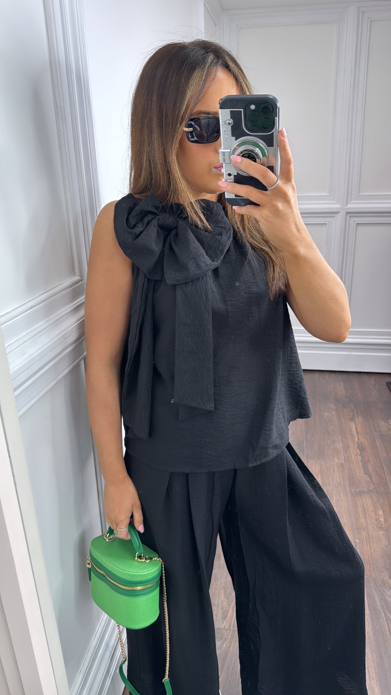 BELLA black bow detail top and trousers co-ord