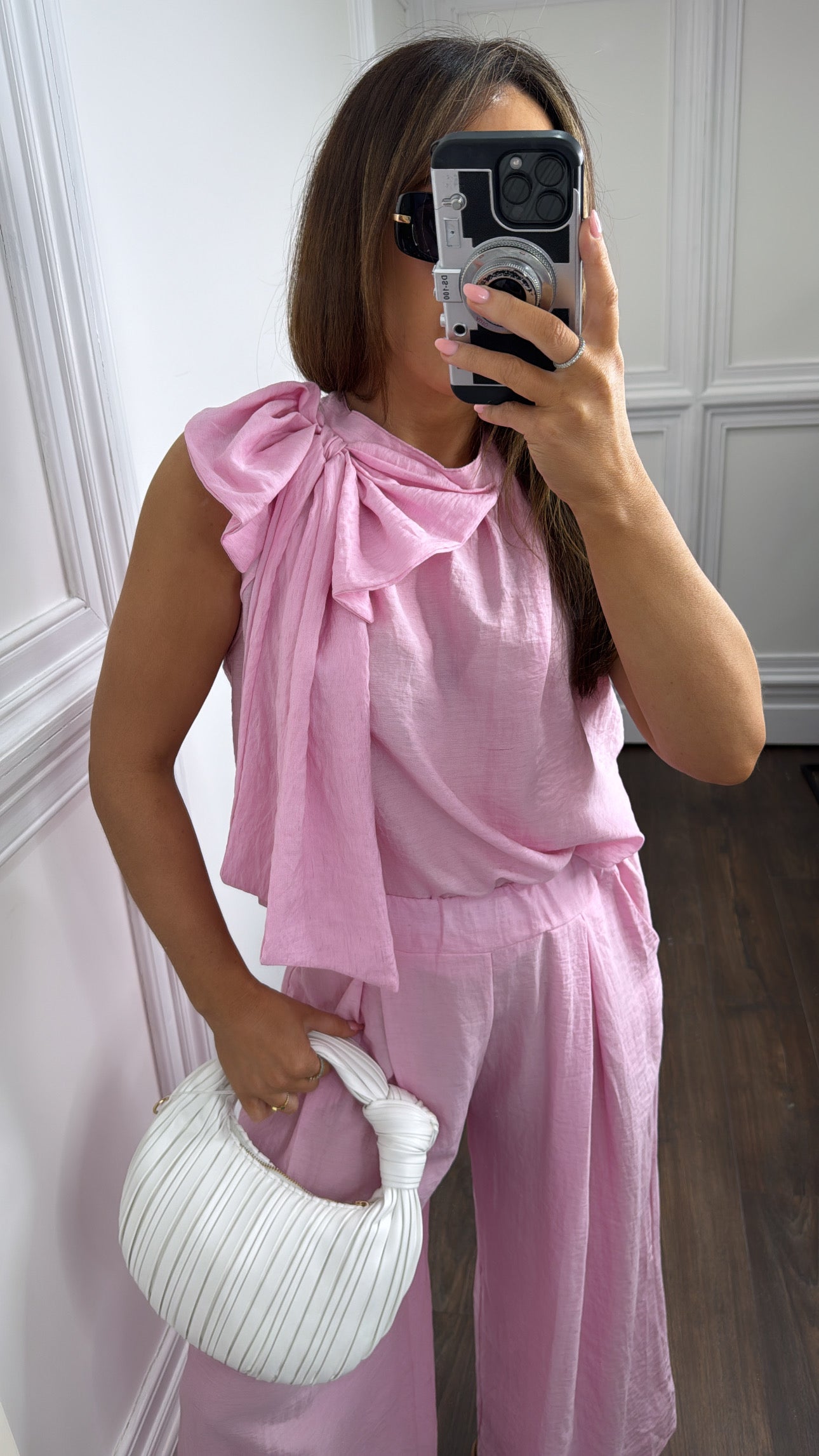 BELLA pink bow detail top and trousers co-ord