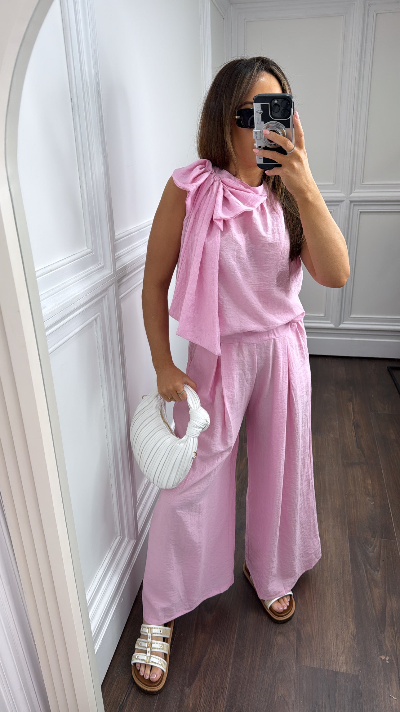 BELLA pink bow detail top and trousers co-ord