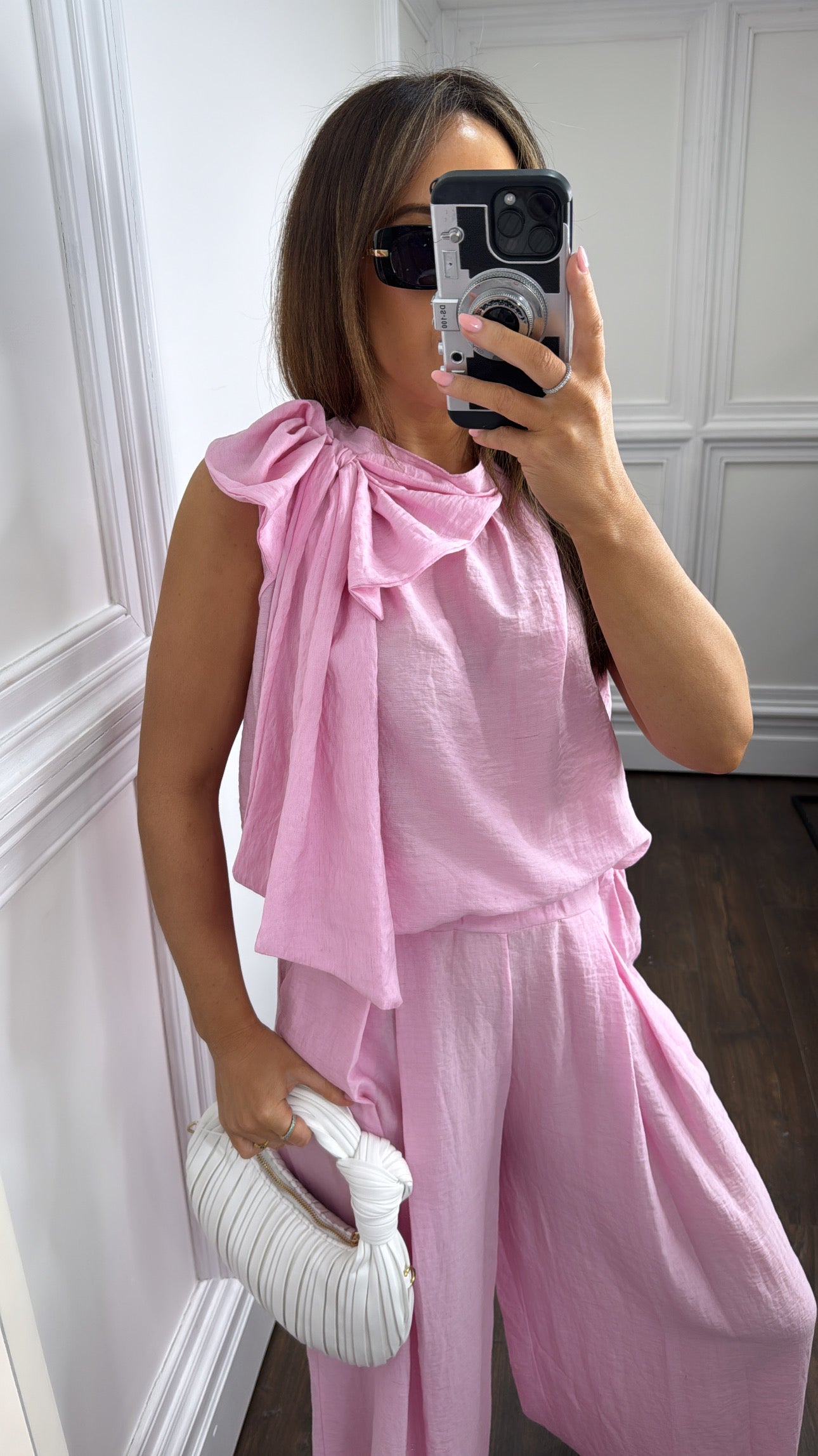 BELLA pink bow detail top and trousers co-ord