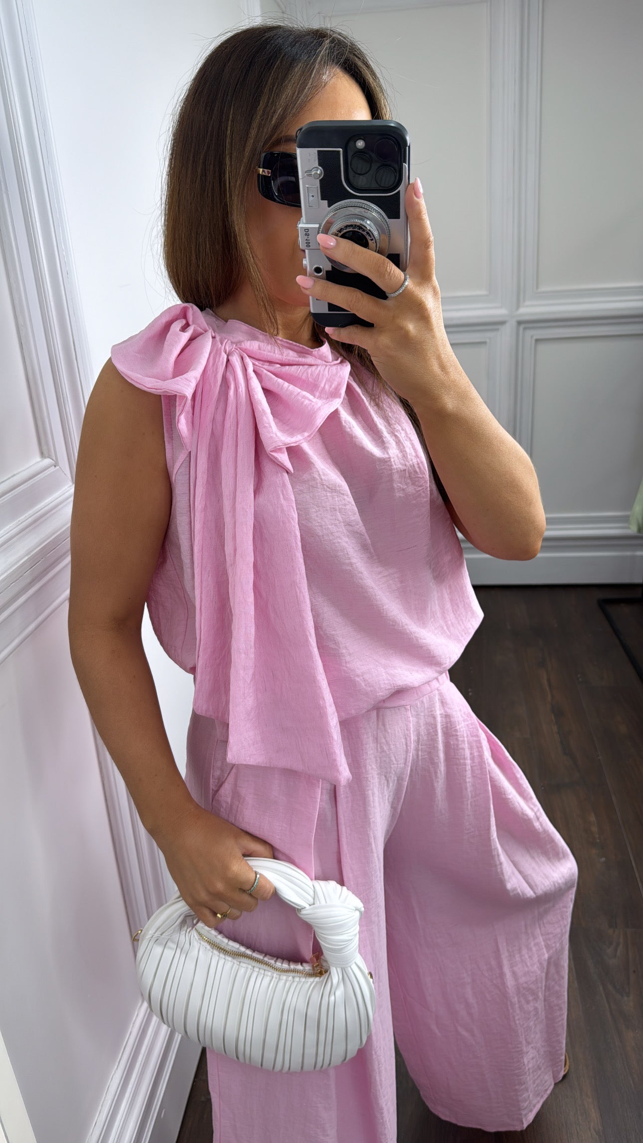 BELLA pink bow detail top and trousers co-ord