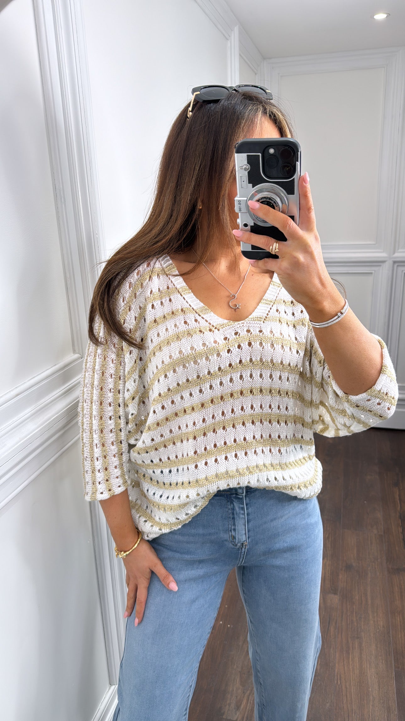KASEY white and gold stripe knitted top