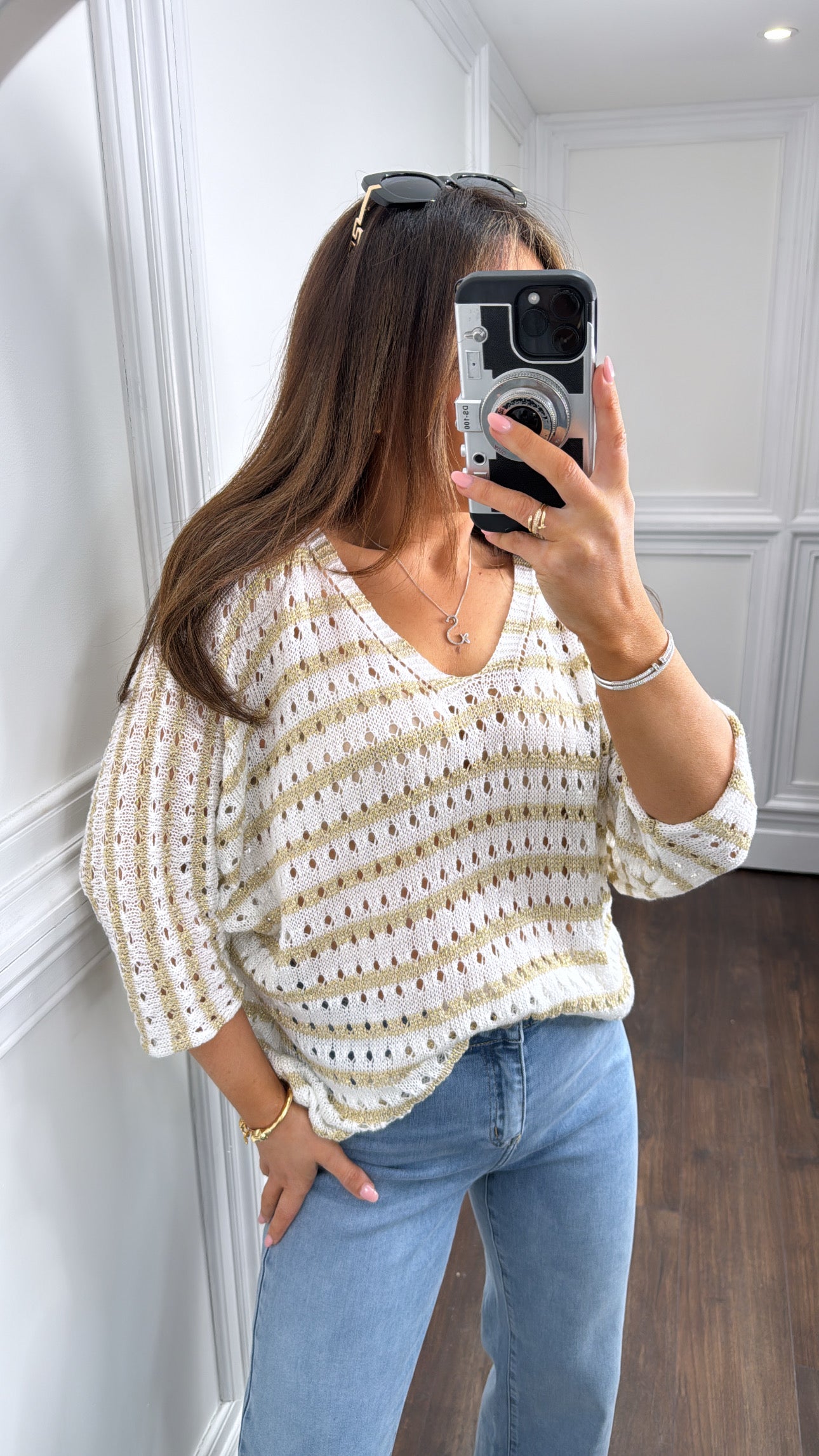 KASEY white and gold stripe knitted top