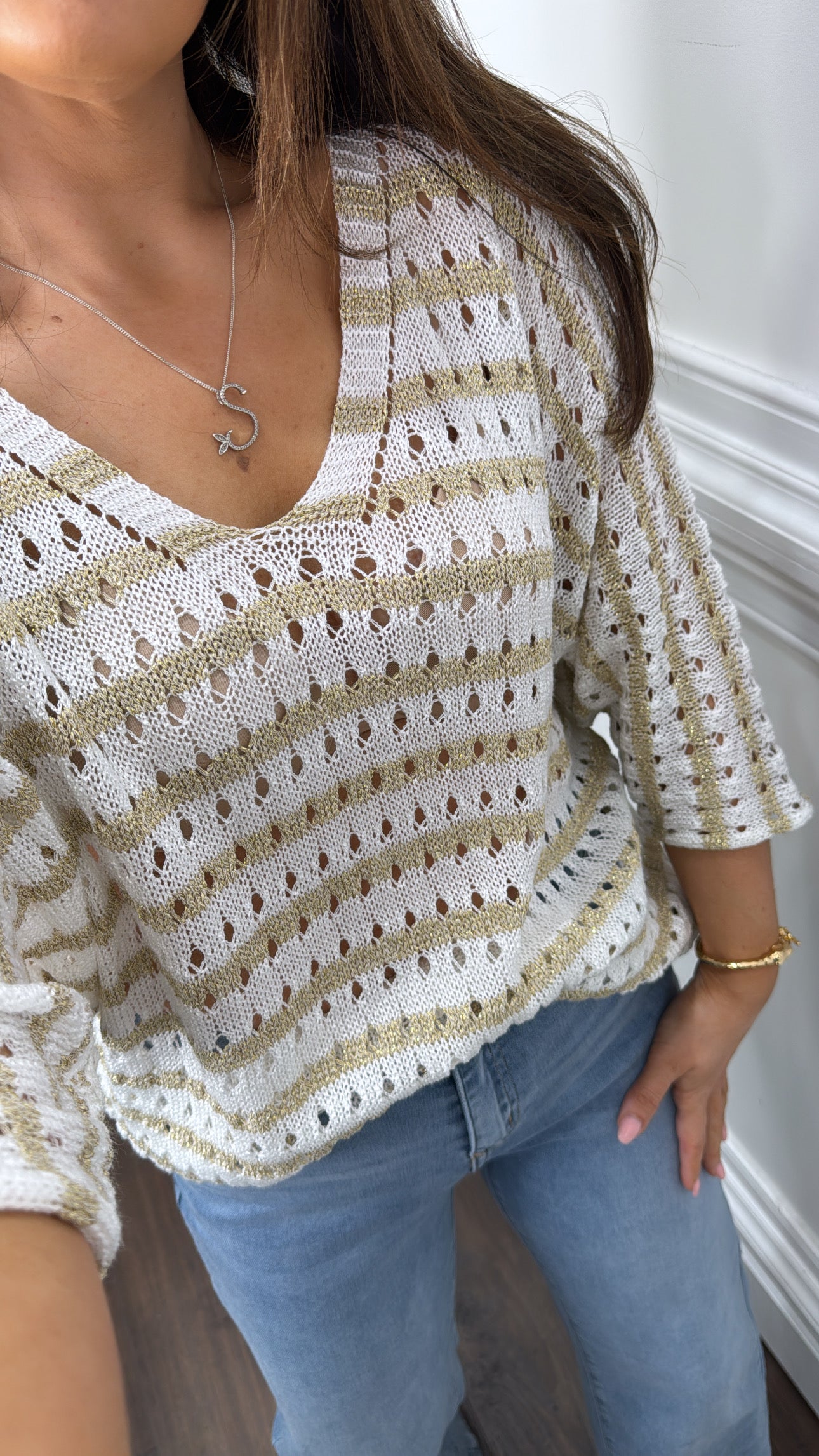 KASEY white and gold stripe knitted top