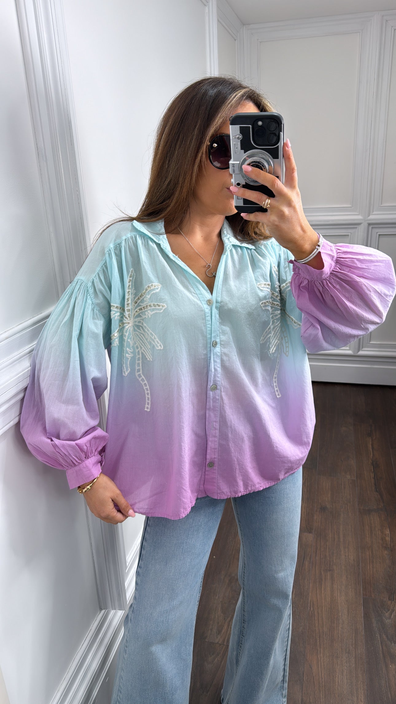 ALIYAH blue and purple ombre palm shirt