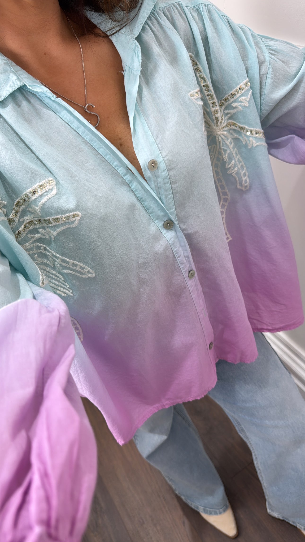 ALIYAH blue and purple ombre palm shirt