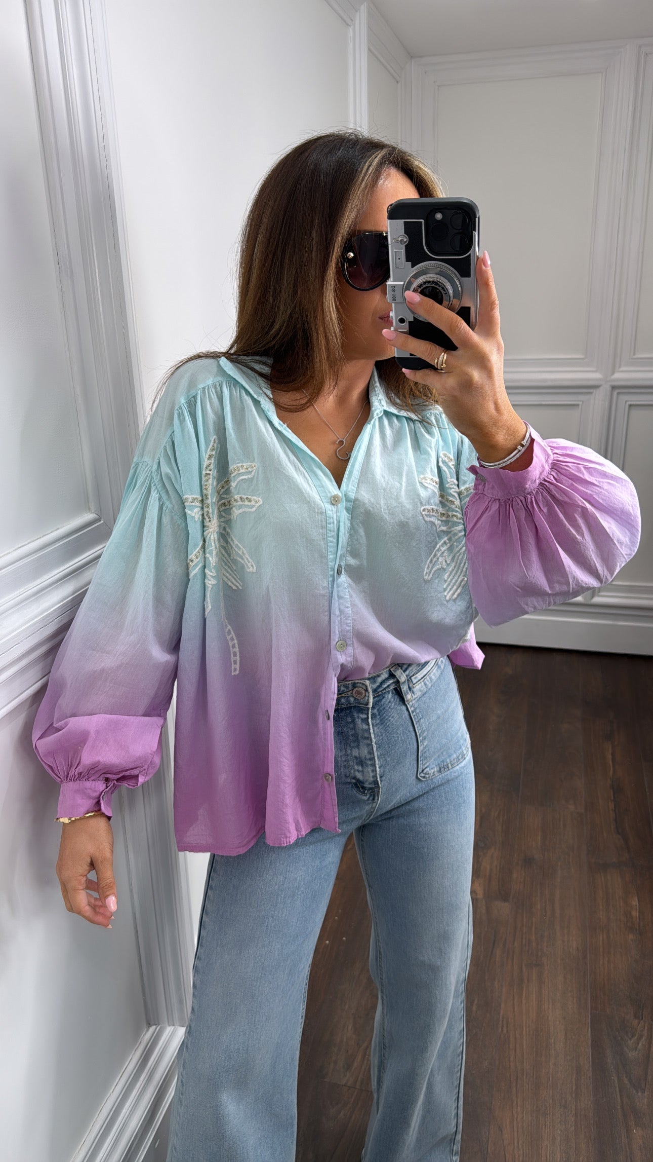ALIYAH blue and purple ombre palm shirt