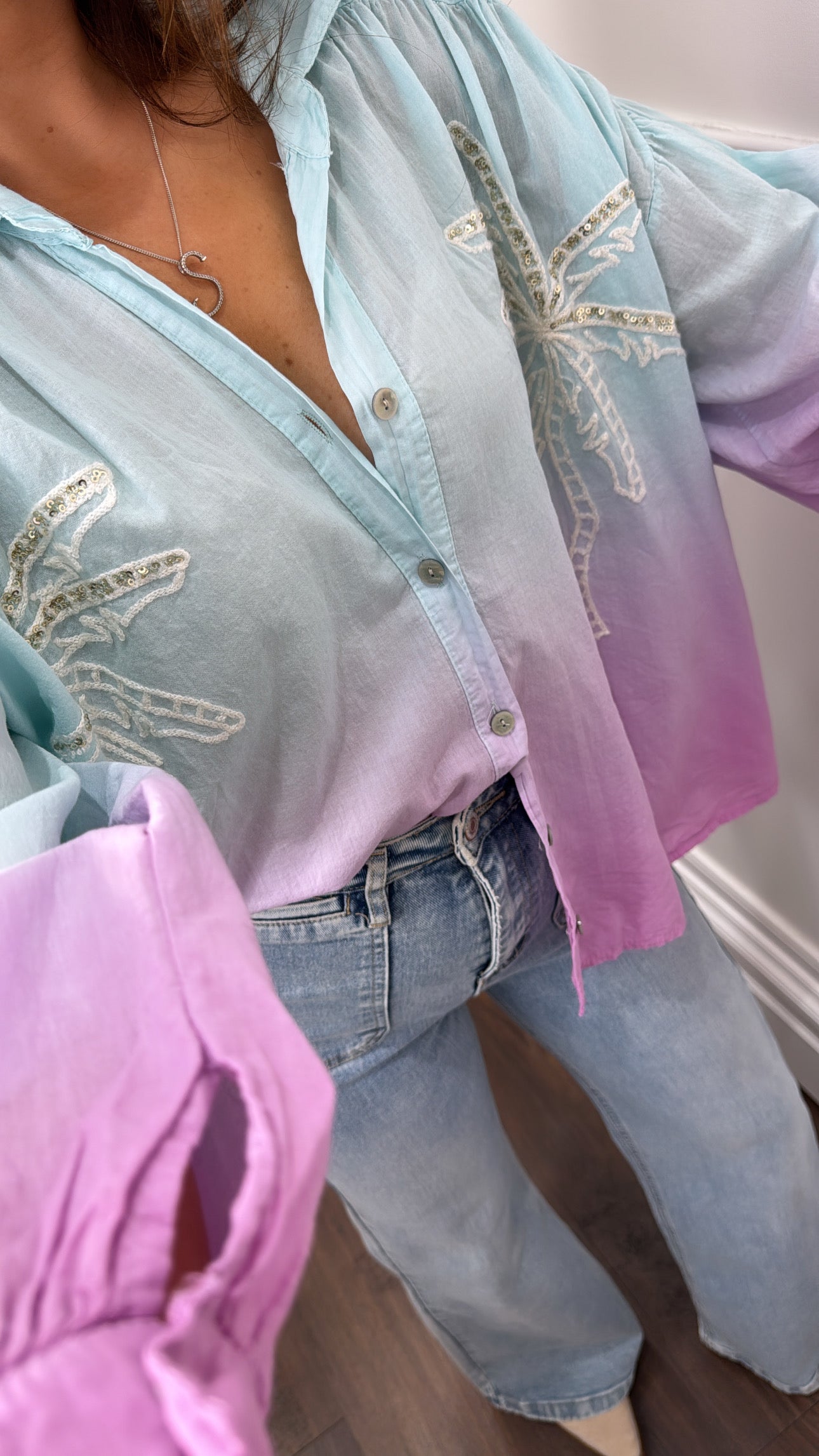 ALIYAH blue and purple ombre palm shirt