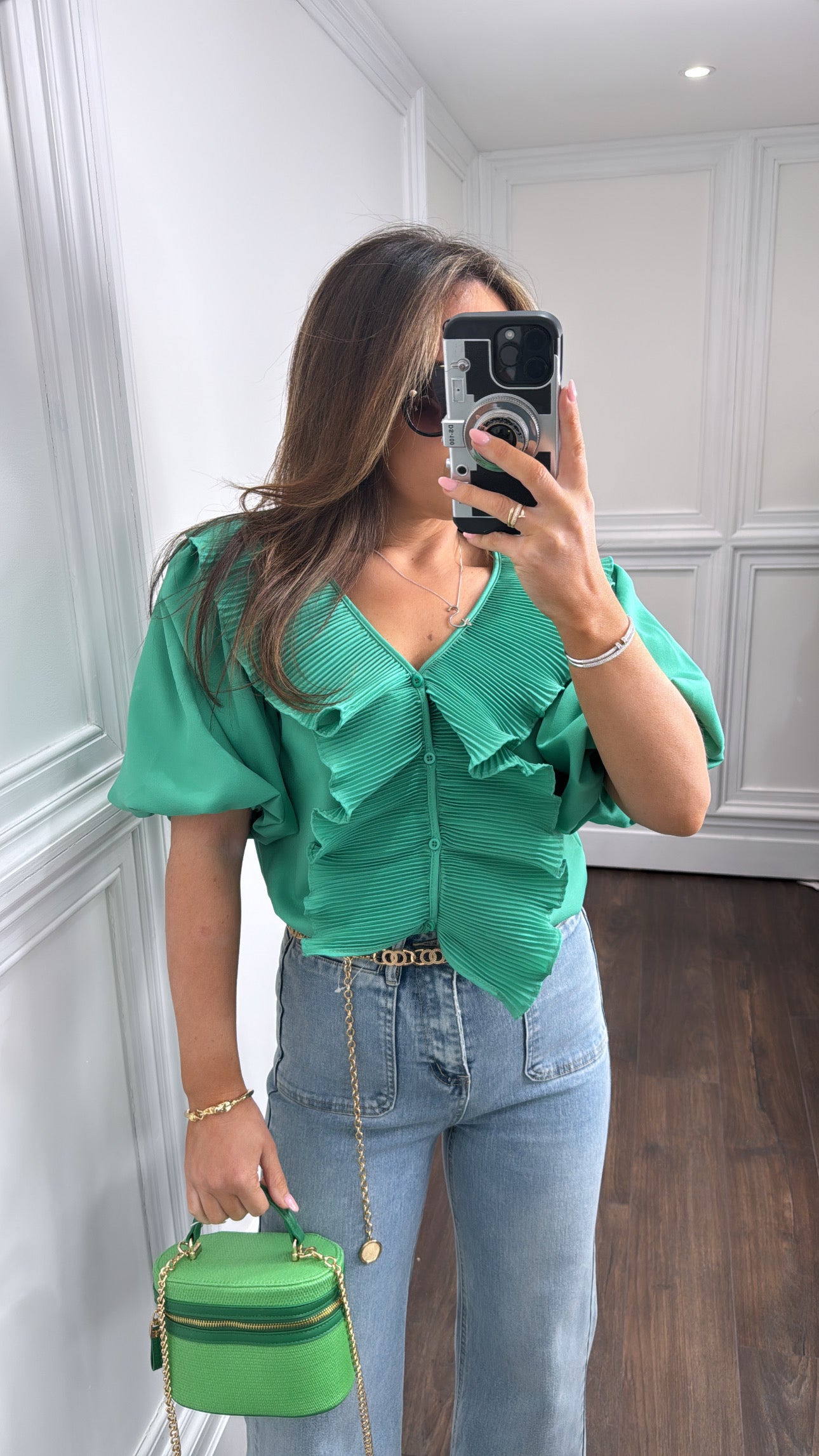 BRIDGET emerald green pleated ruffle cropped top