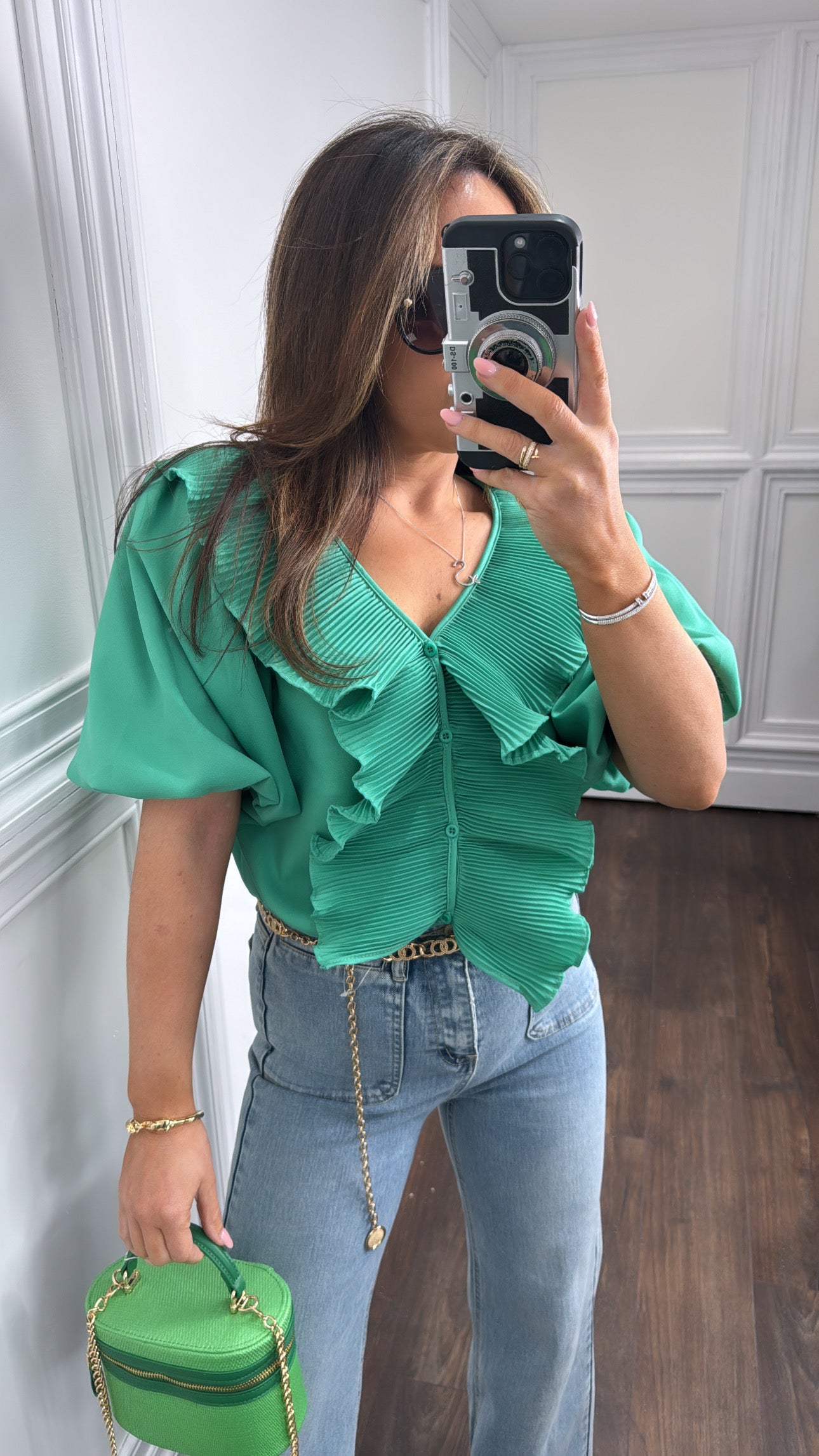 BRIDGET emerald green pleated ruffle cropped top