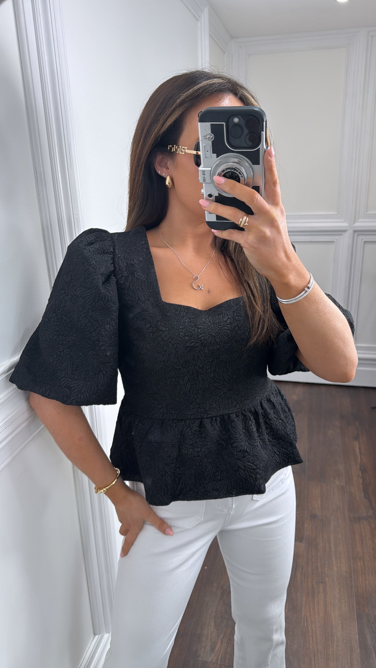 KERI black floral puff ball sleeve top