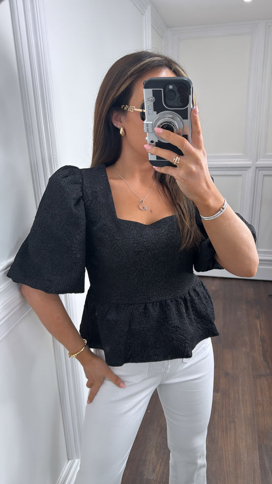KERI black floral puff ball sleeve top