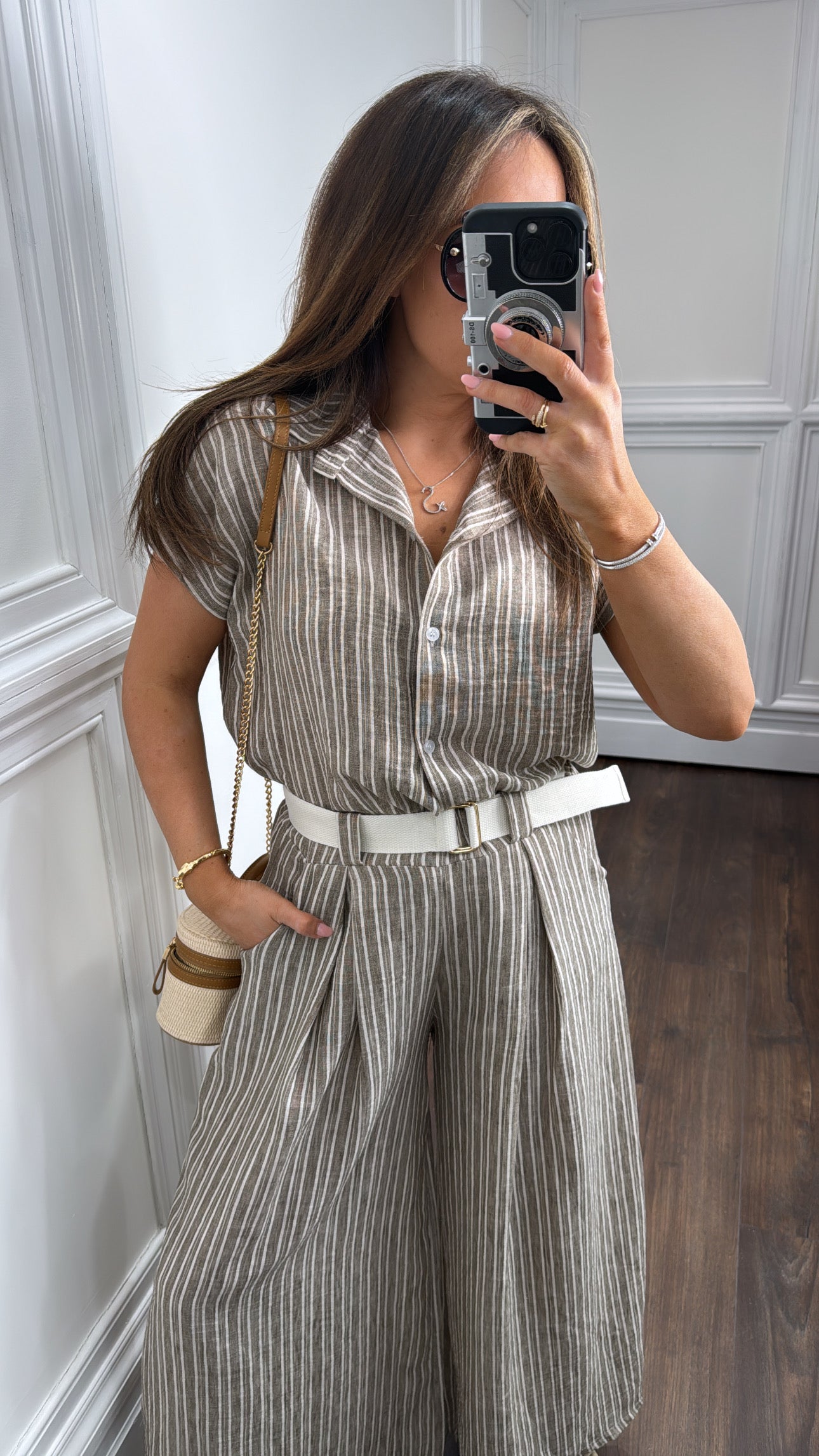 SABRINA mocha stripe tie shirt and trousers co-ord