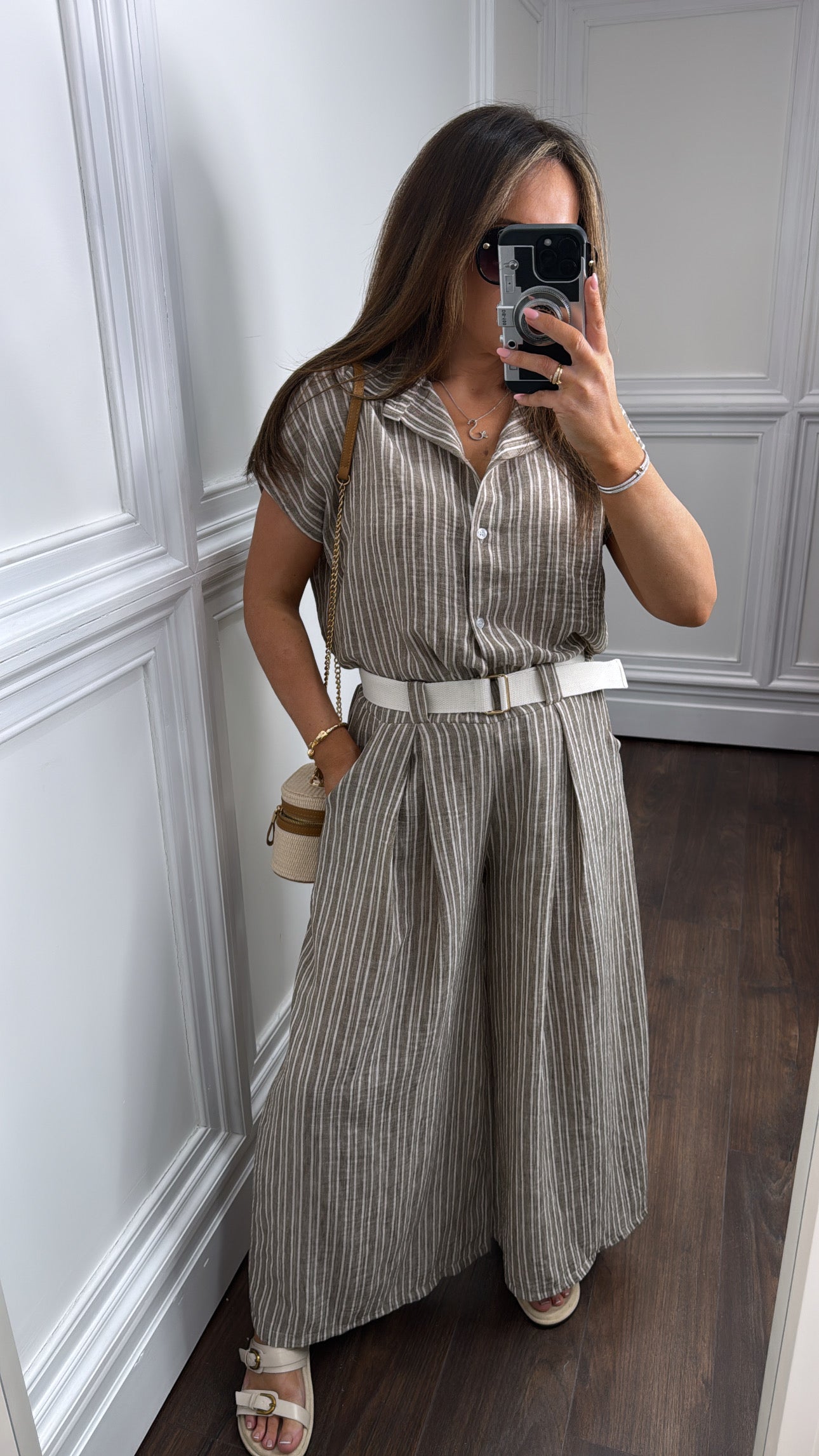 SABRINA mocha stripe tie shirt and trousers co-ord