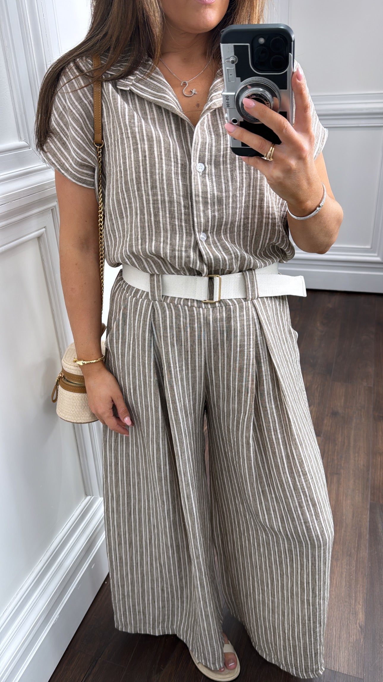 SABRINA mocha stripe tie shirt and trousers co-ord