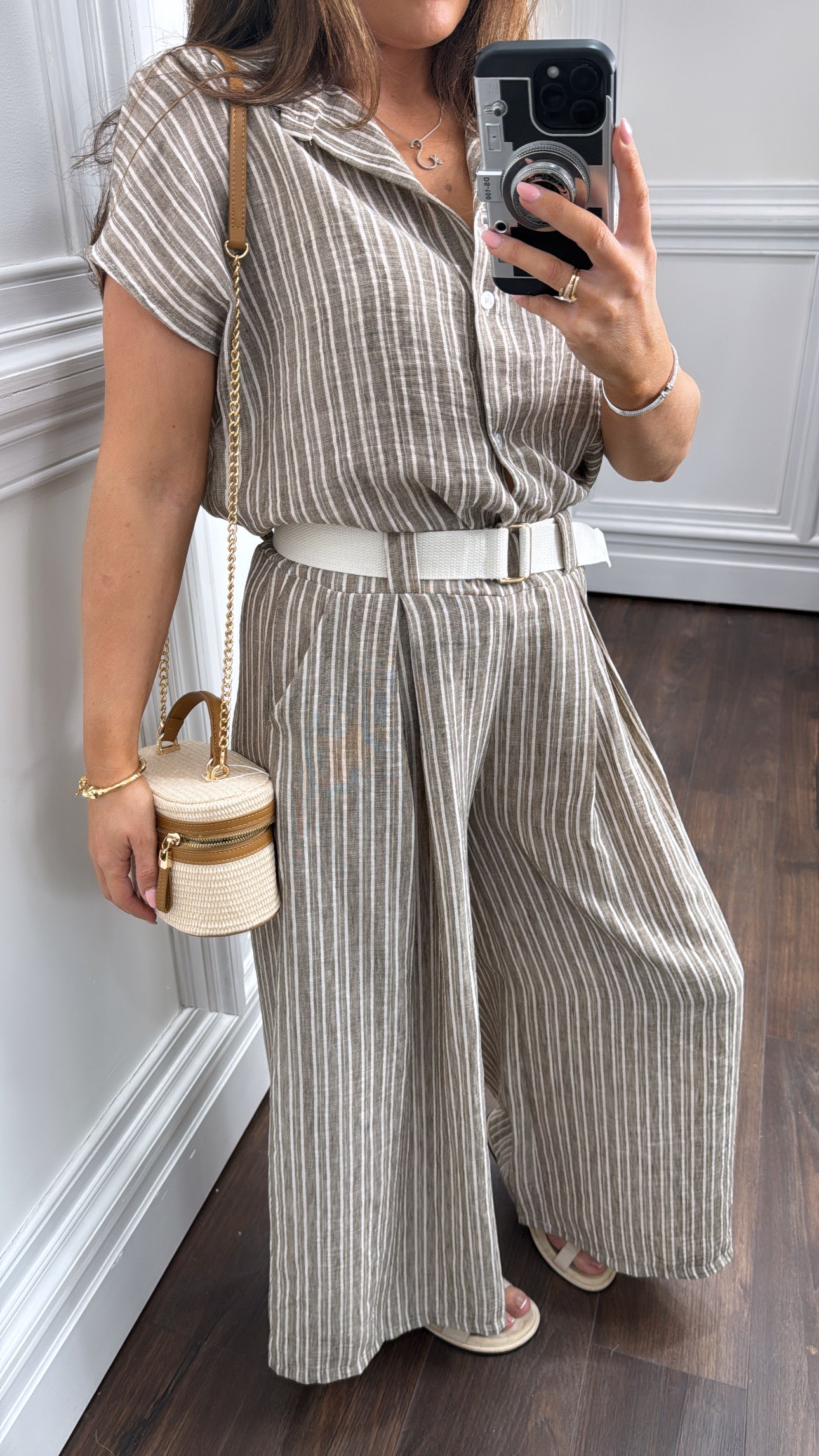 SABRINA mocha stripe tie shirt and trousers co-ord