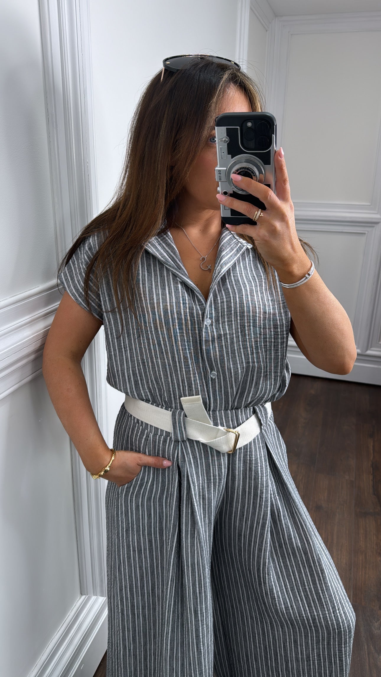 SABRINA grey stripe tie shirt and trousers co-ord