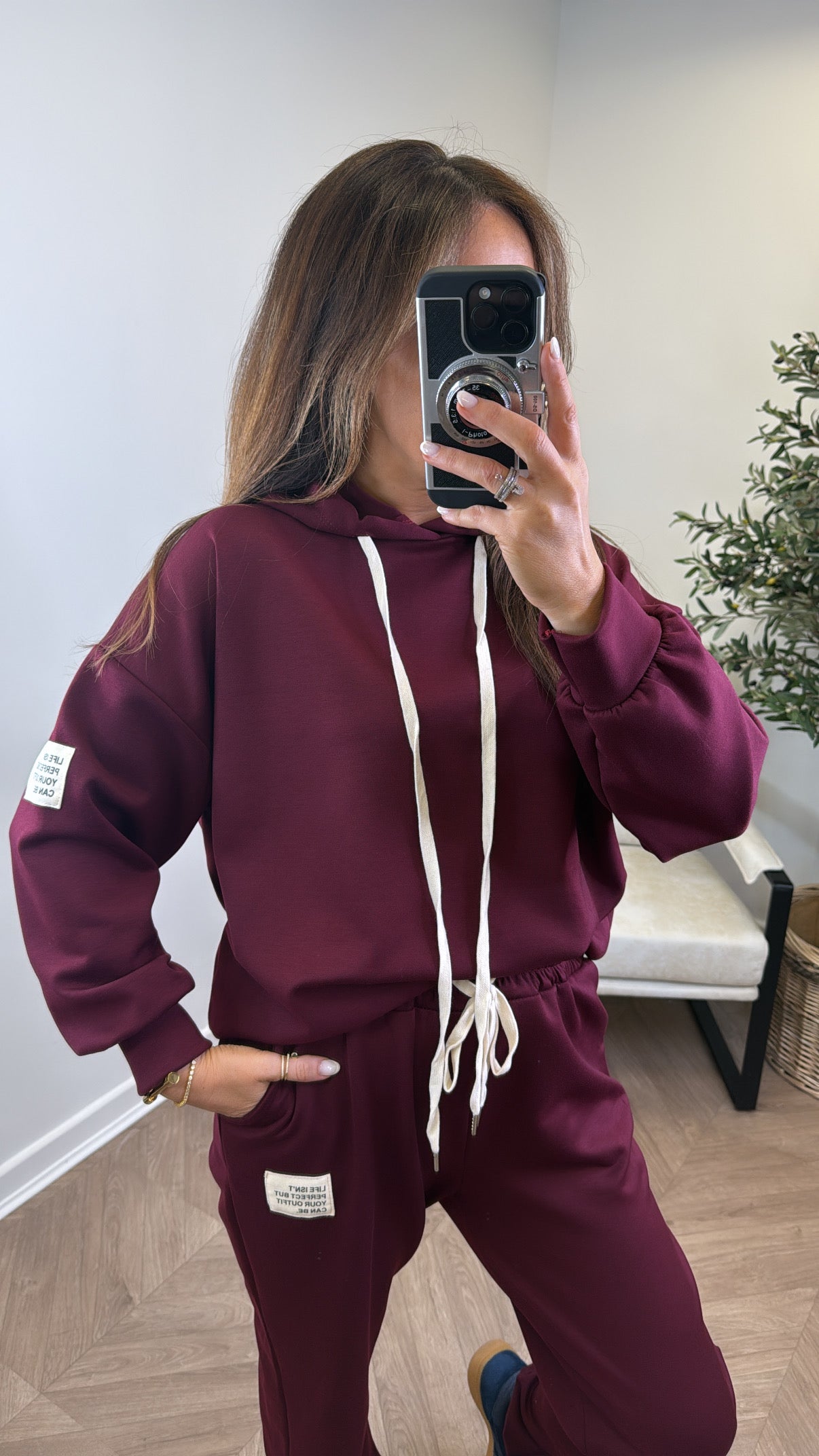 MELISSA burgundy hoody lounge set with badge detail