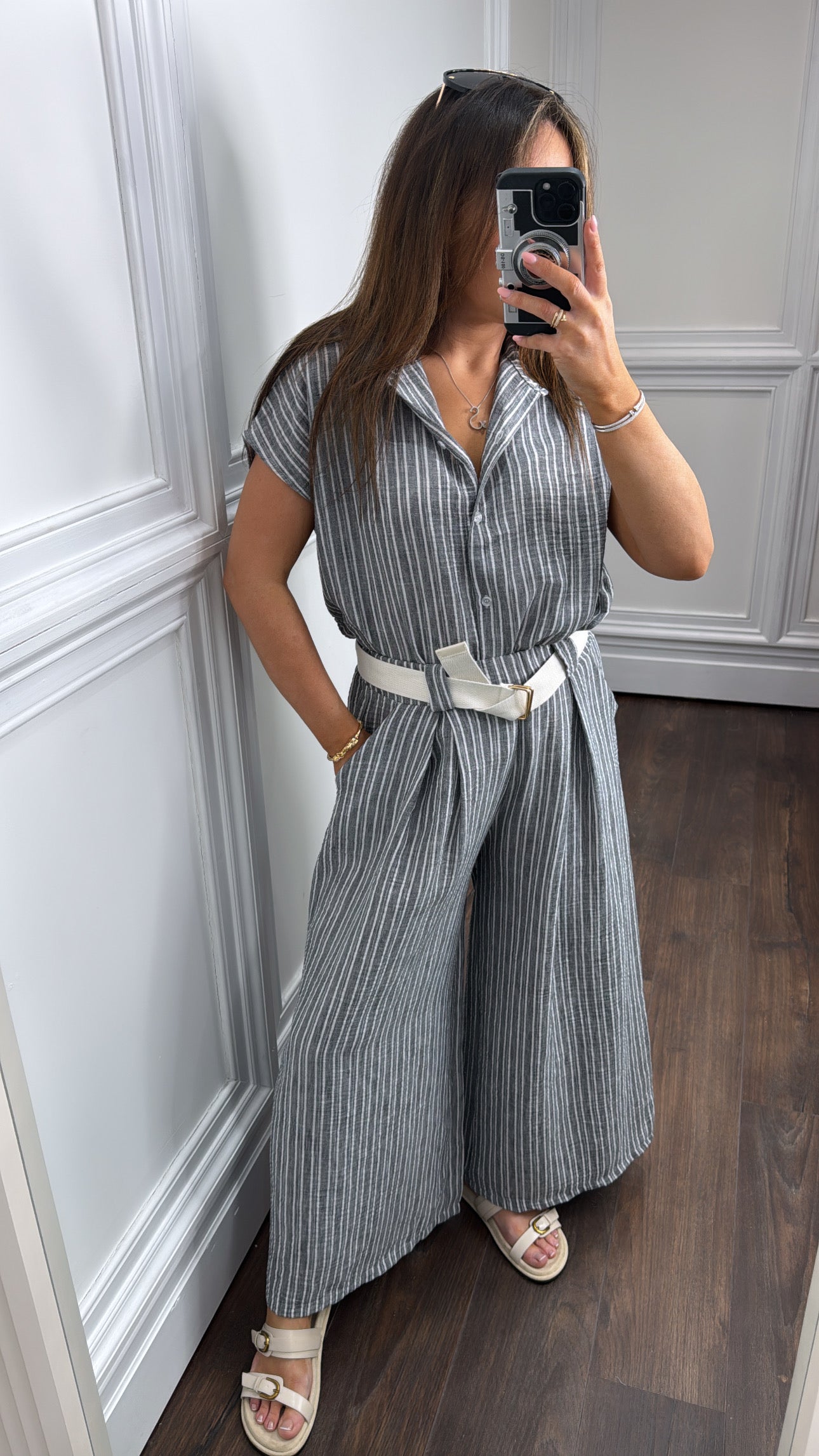 SABRINA grey stripe tie shirt and trousers co-ord