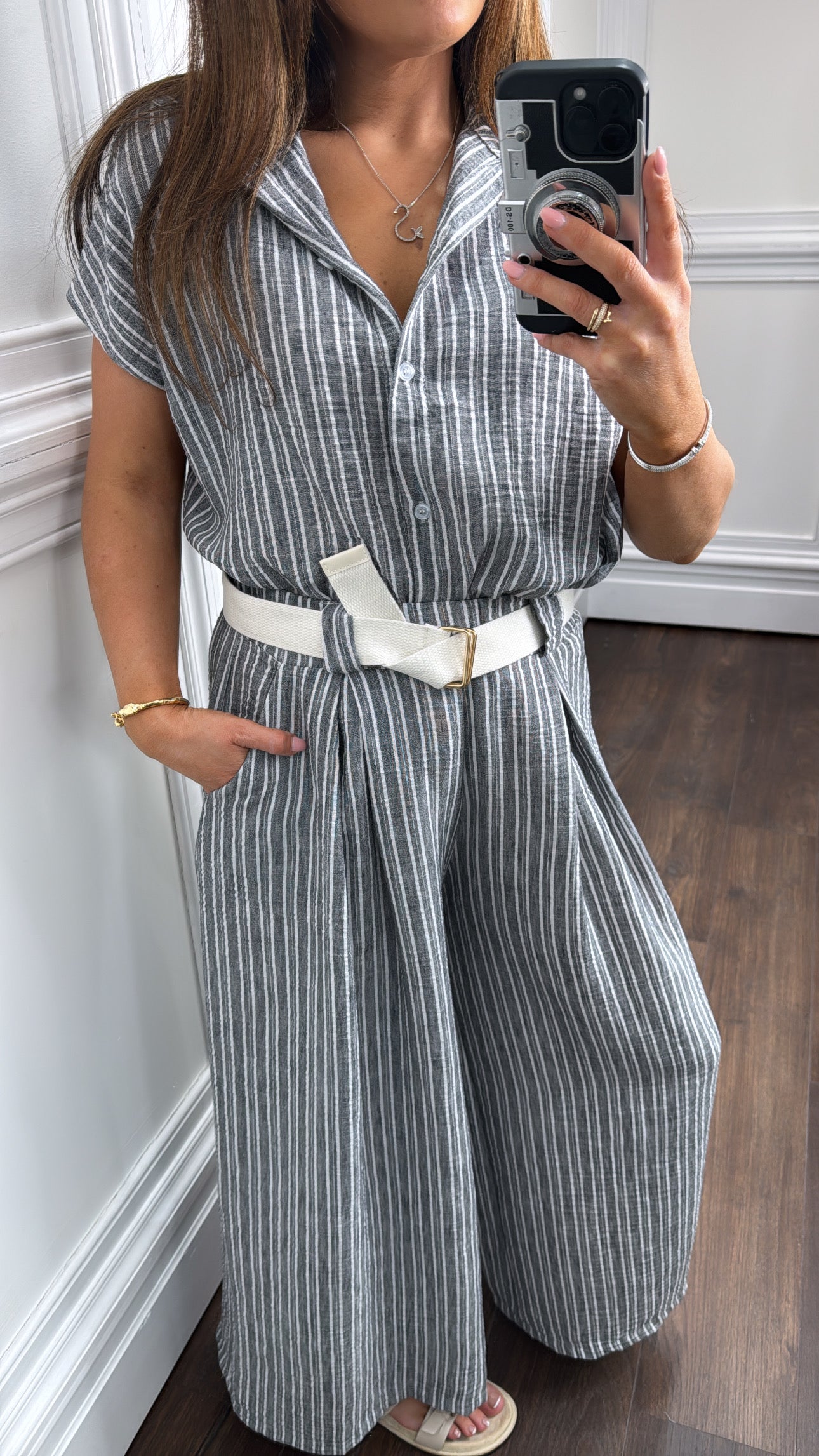 SABRINA grey stripe tie shirt and trousers co-ord