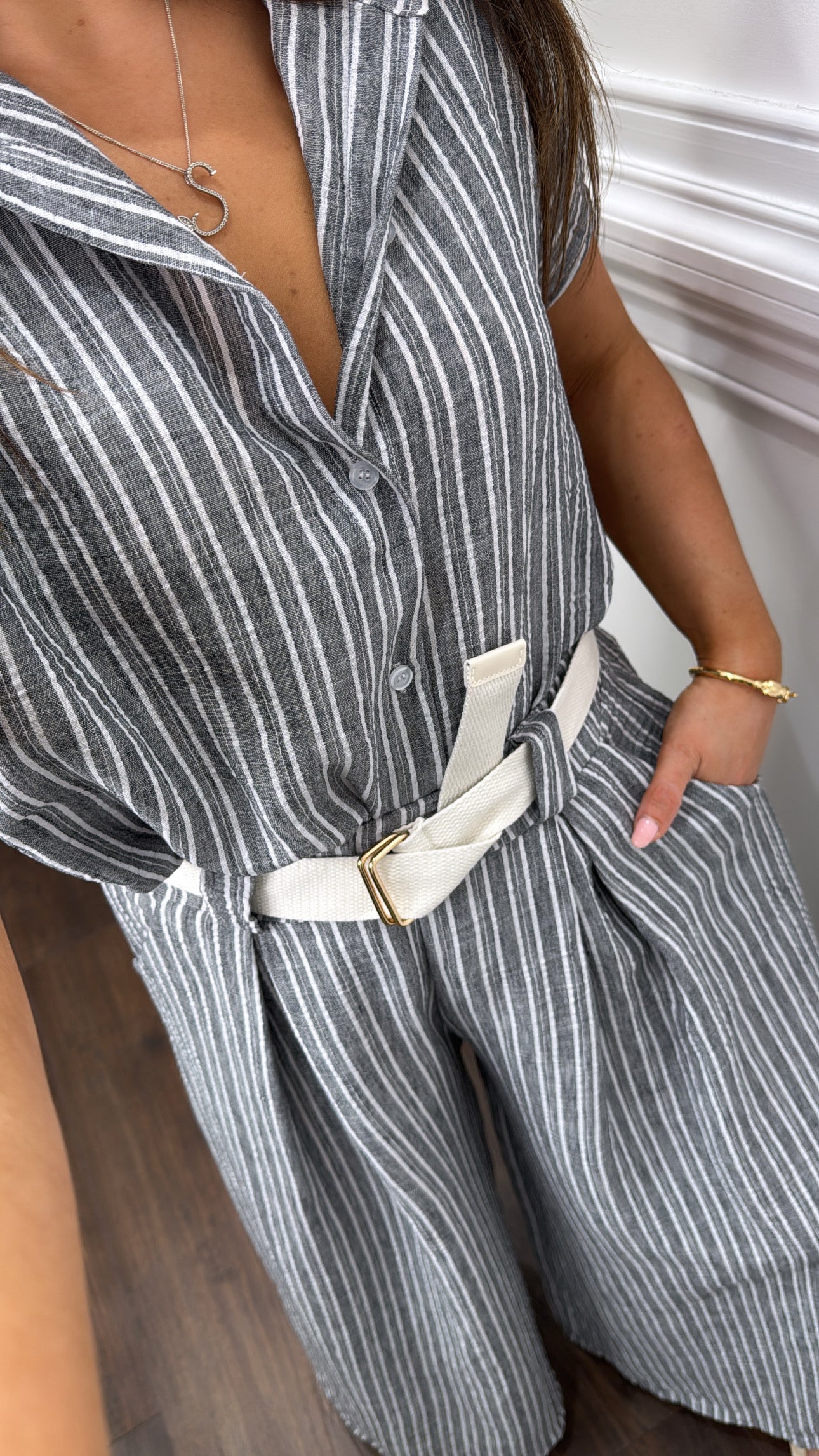 SABRINA grey stripe tie shirt and trousers co-ord