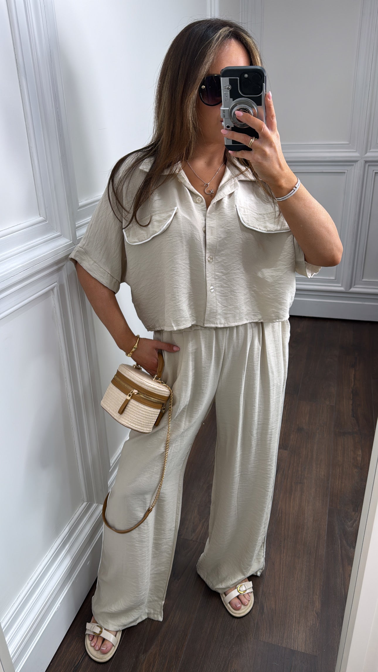 LUELLA beige exposed seam crop top and trousers co-ord