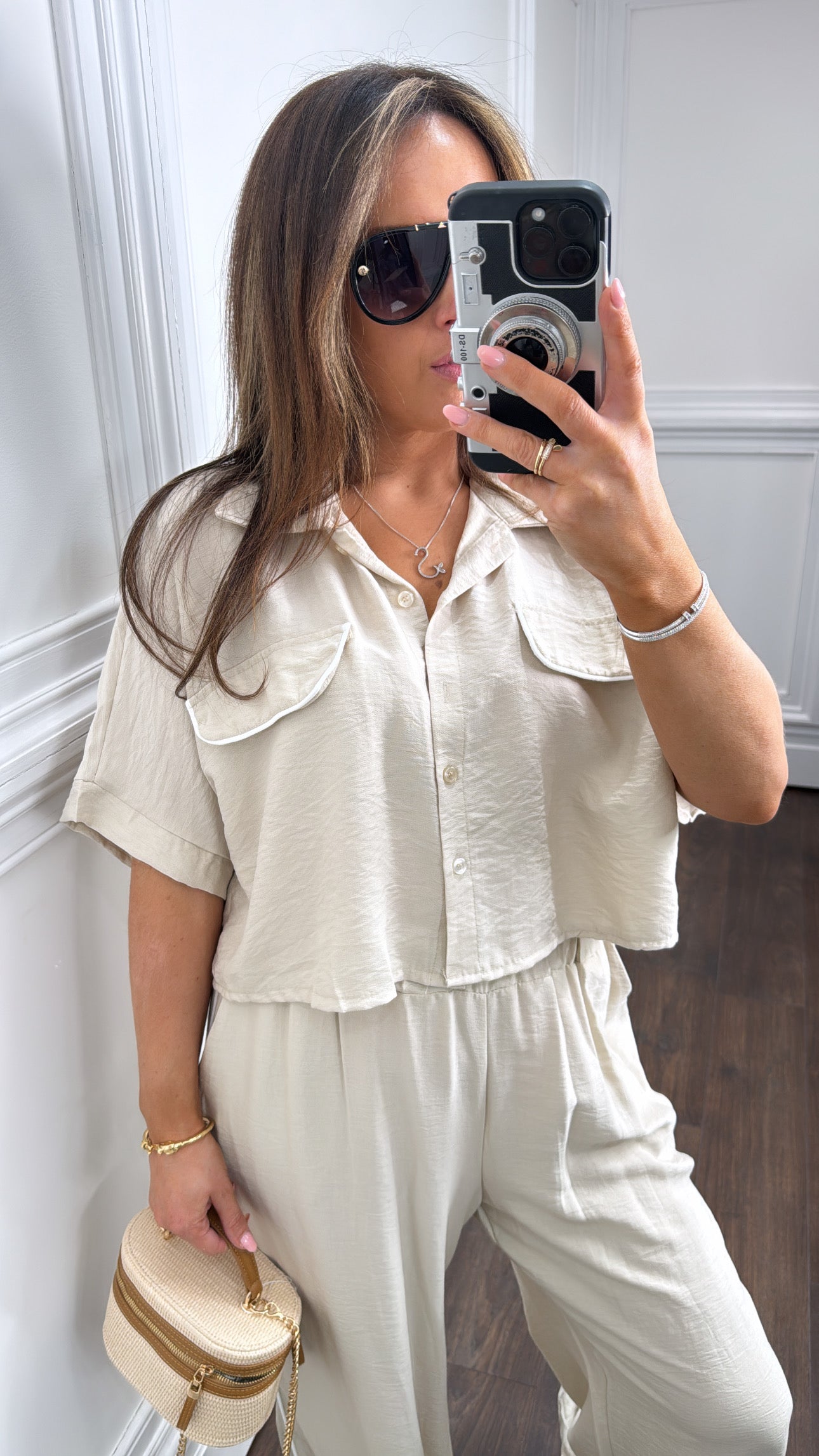 LUELLA beige exposed seam crop top and trousers co-ord