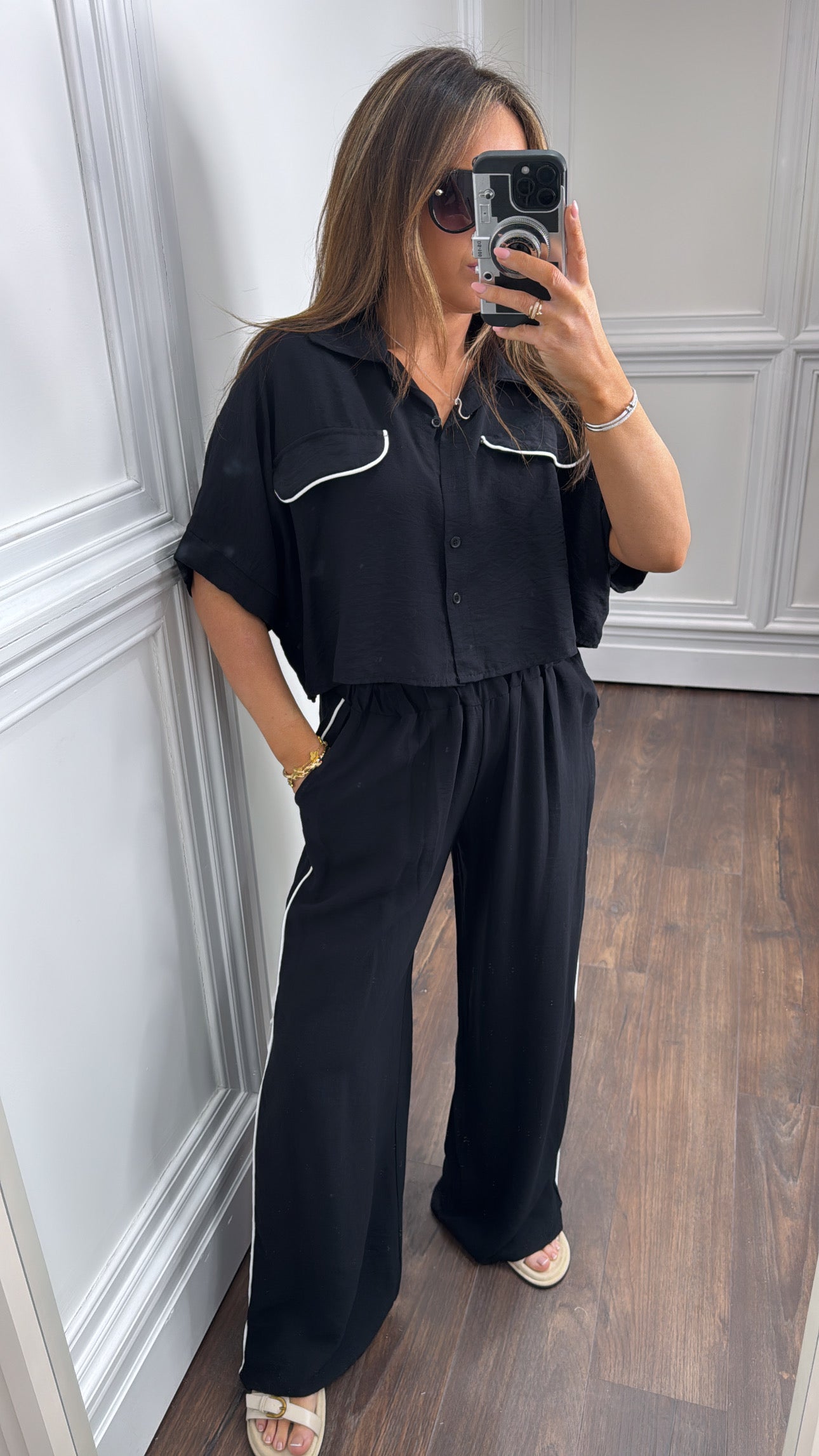 LUELLA black exposed seam crop top and trousers co-ord