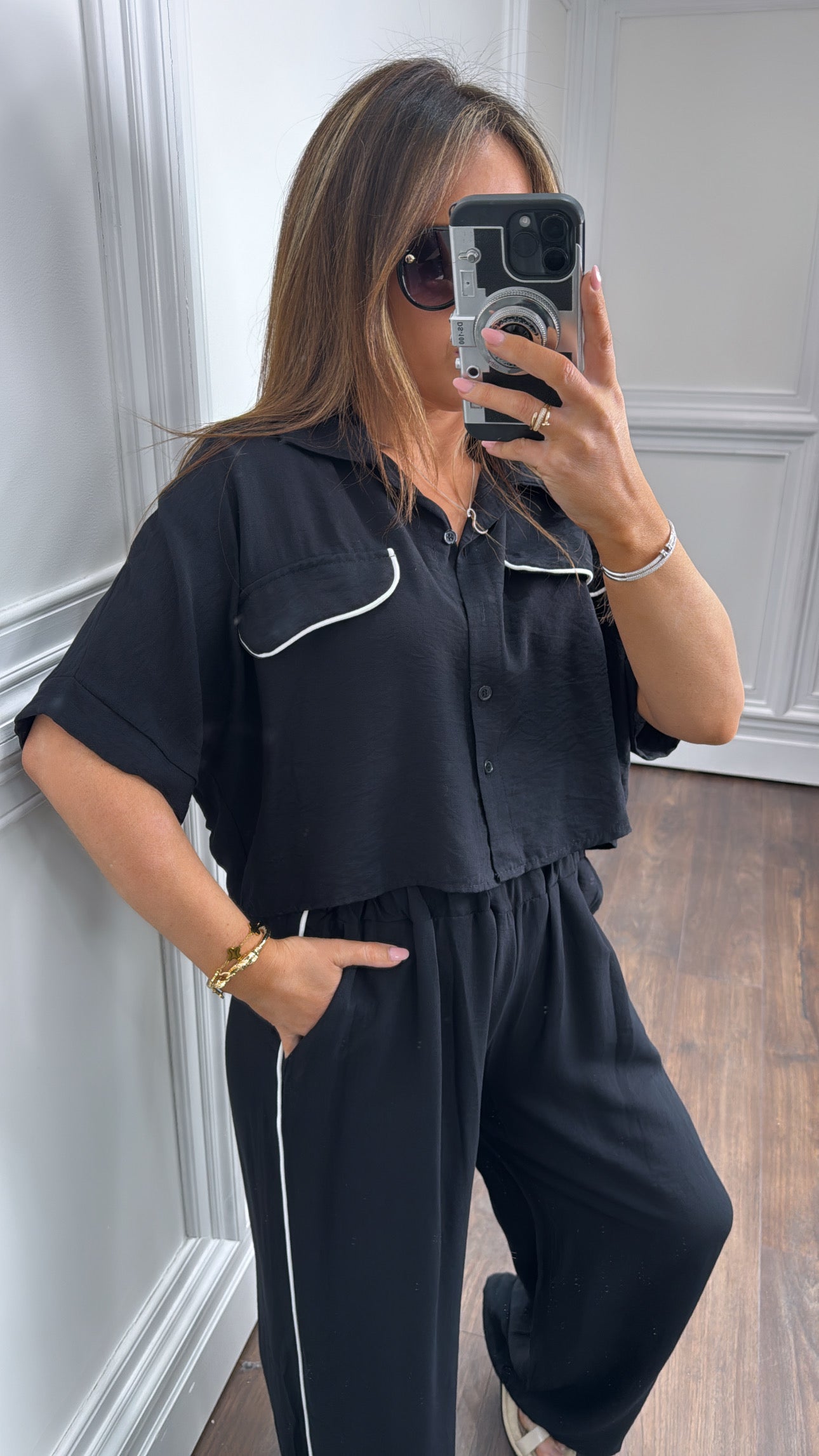 LUELLA black exposed seam crop top and trousers co-ord
