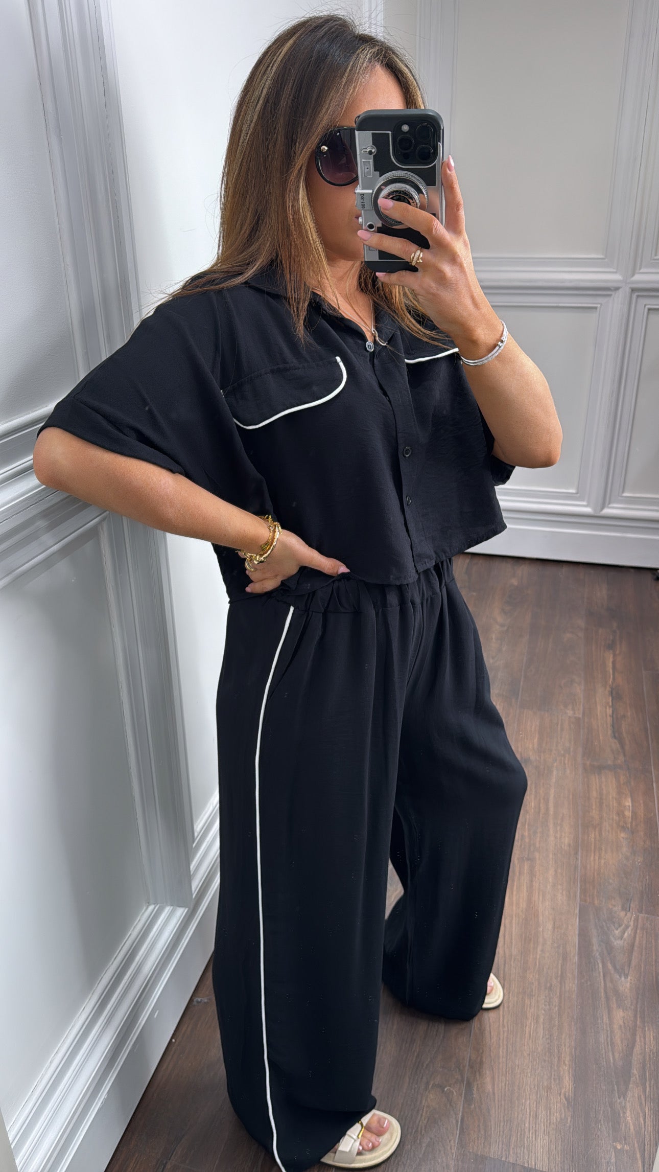 LUELLA black exposed seam crop top and trousers co-ord