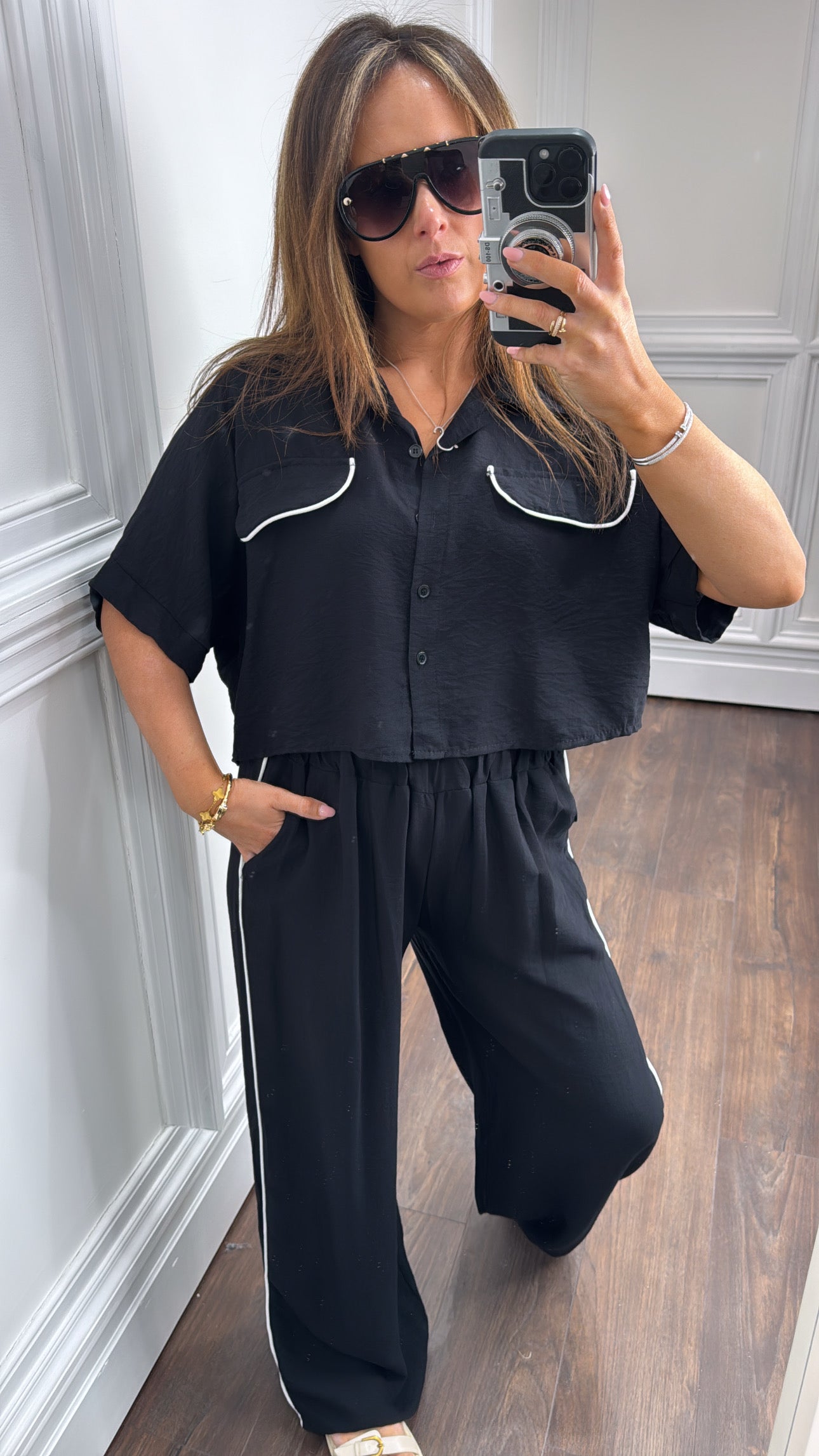 LUELLA black exposed seam crop top and trousers co-ord