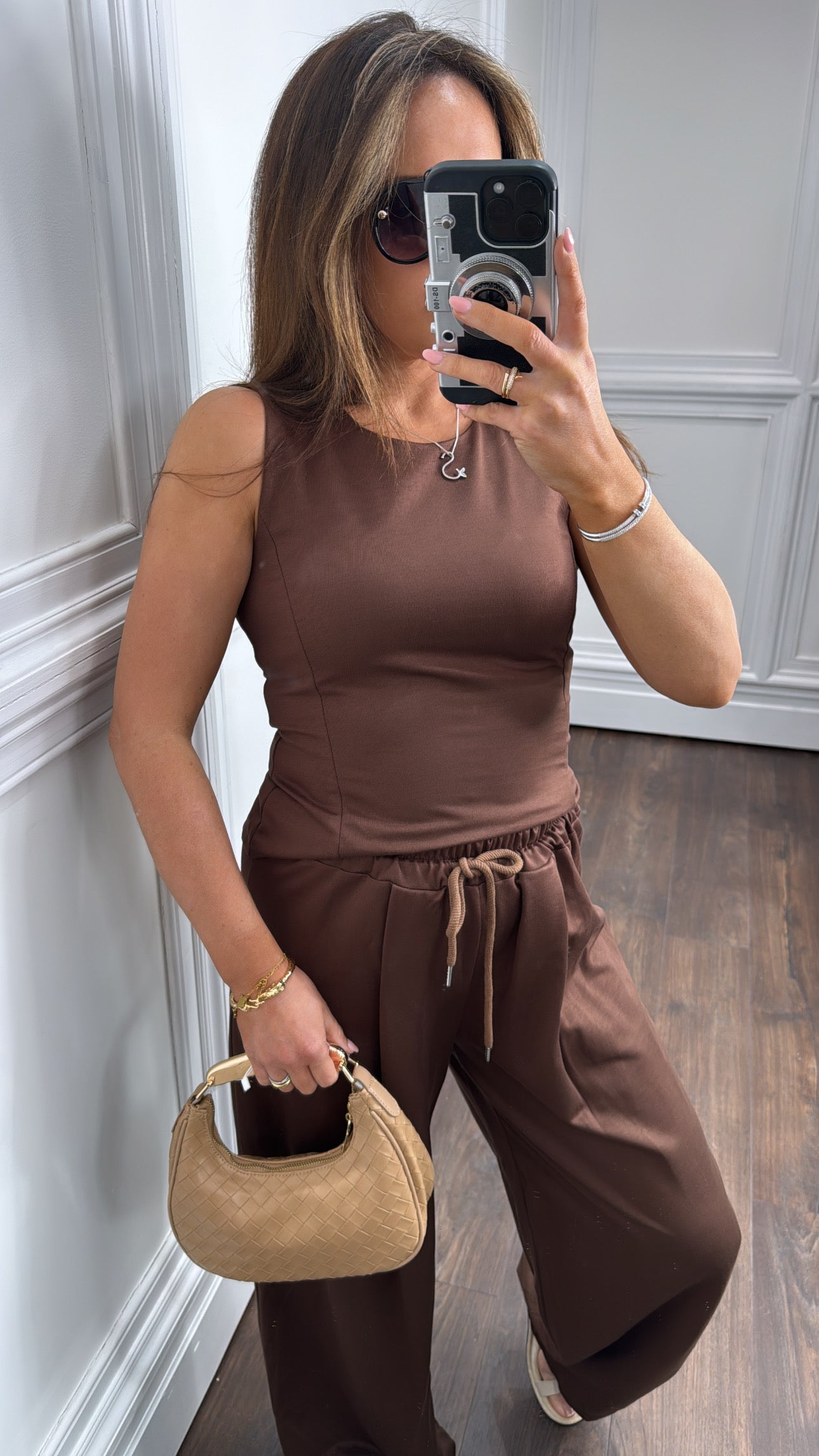 DELILAH brown soft sleeveless top and wide leg pants co-ord