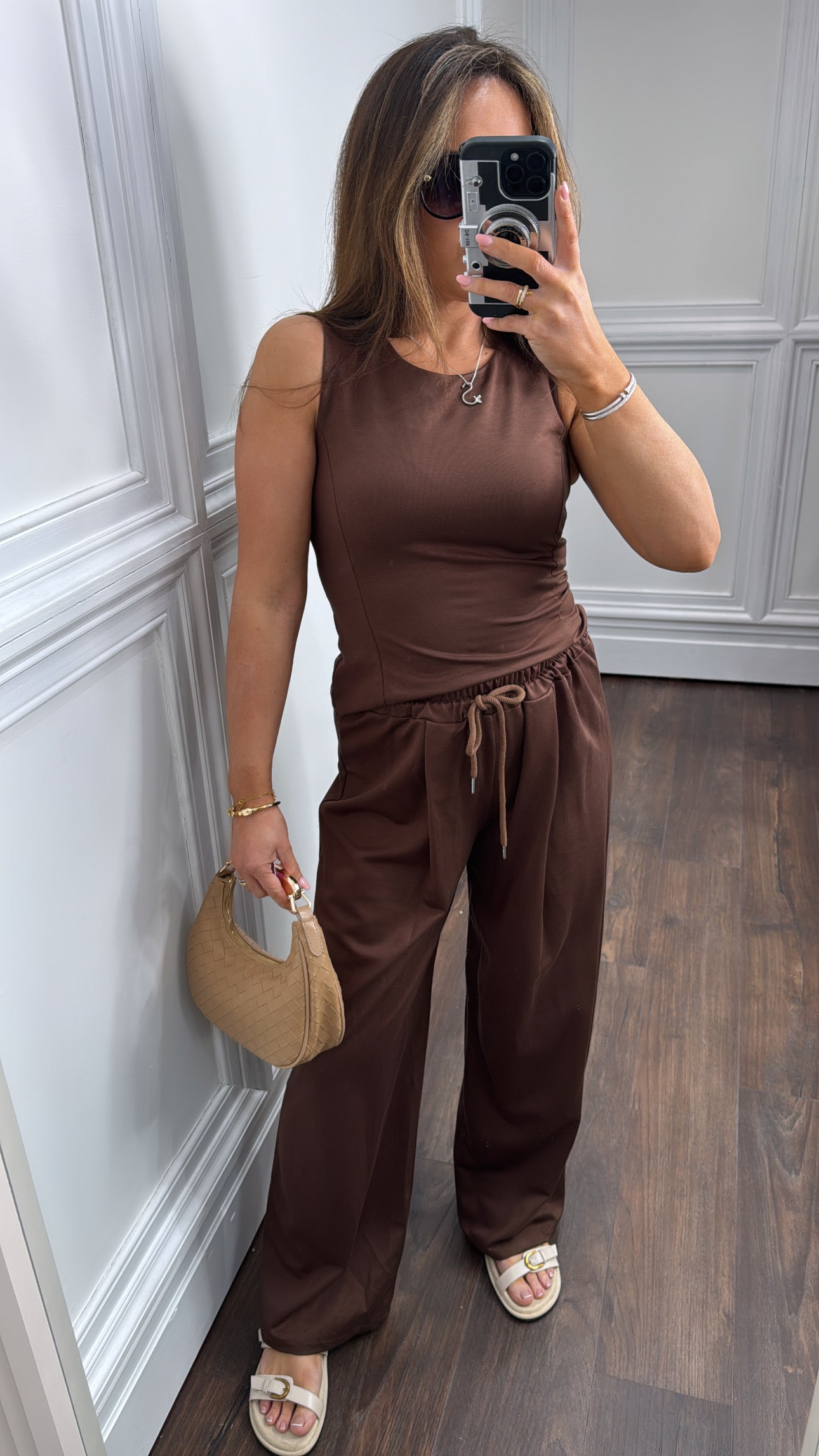 DELILAH brown soft sleeveless top and wide leg pants co-ord