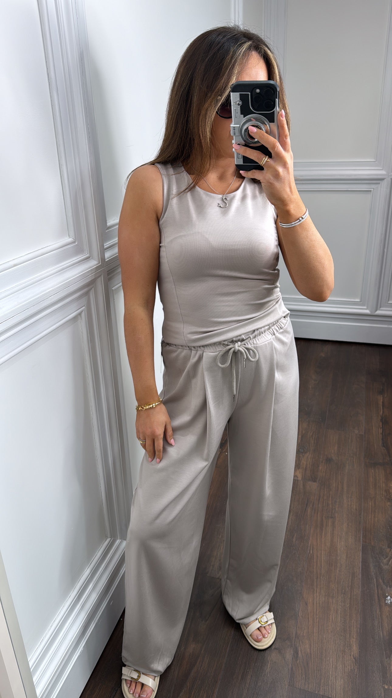 DELILAH stone soft sleeveless top and wide leg pants co-ord