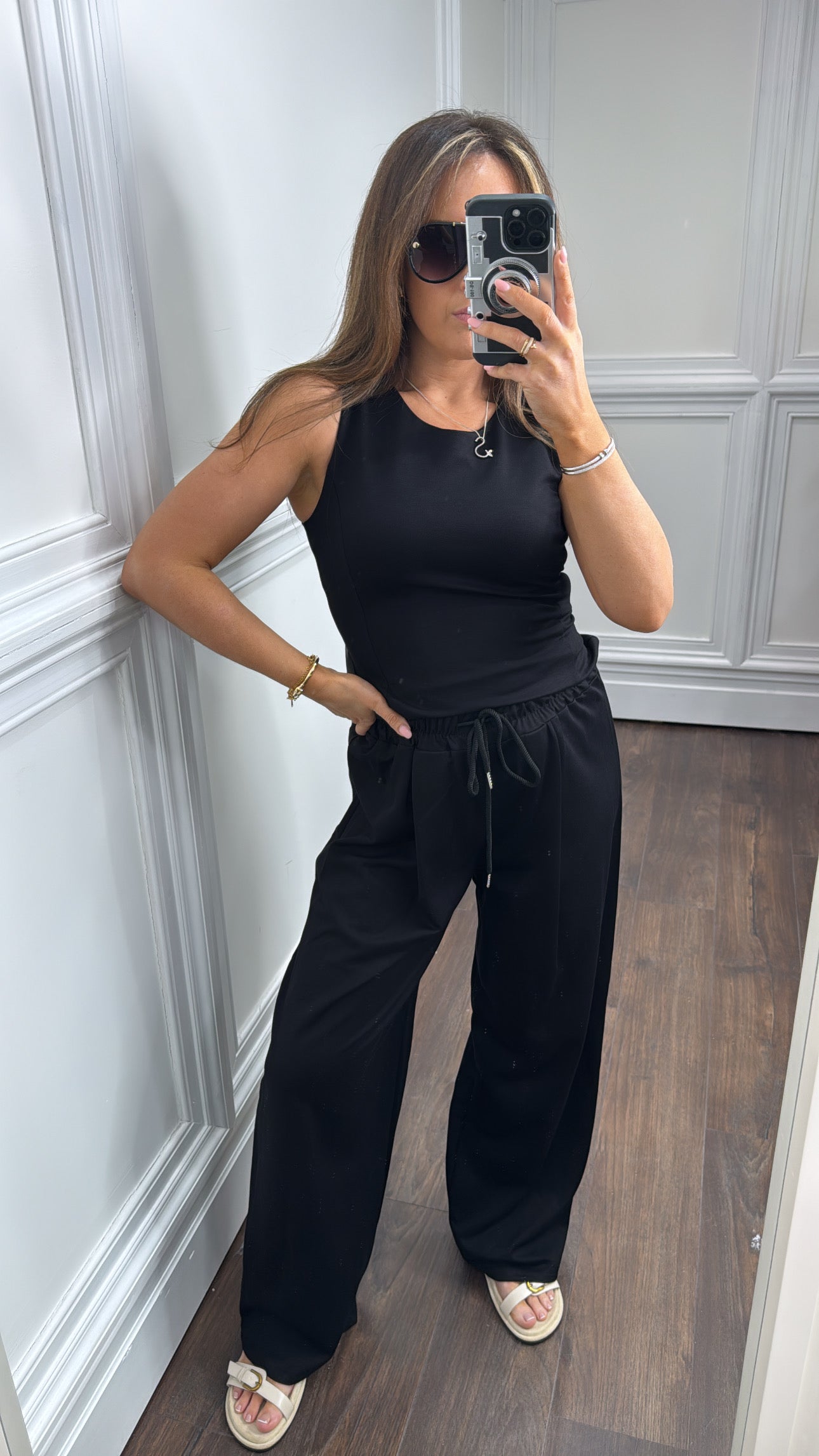 DELILAH black soft sleeveless top and wide leg pants co-ord