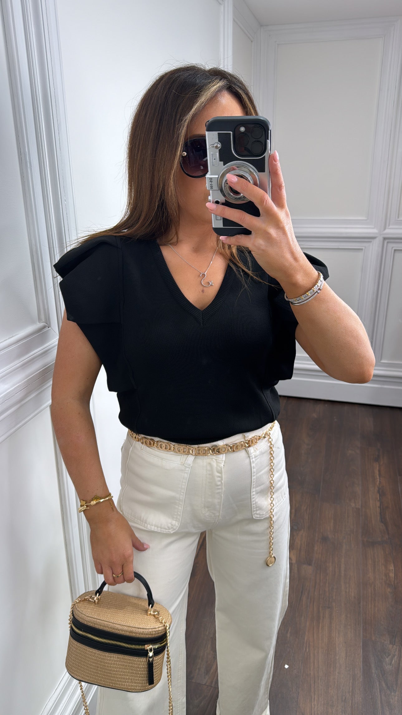 LILY black ruffle v-neck knitted top