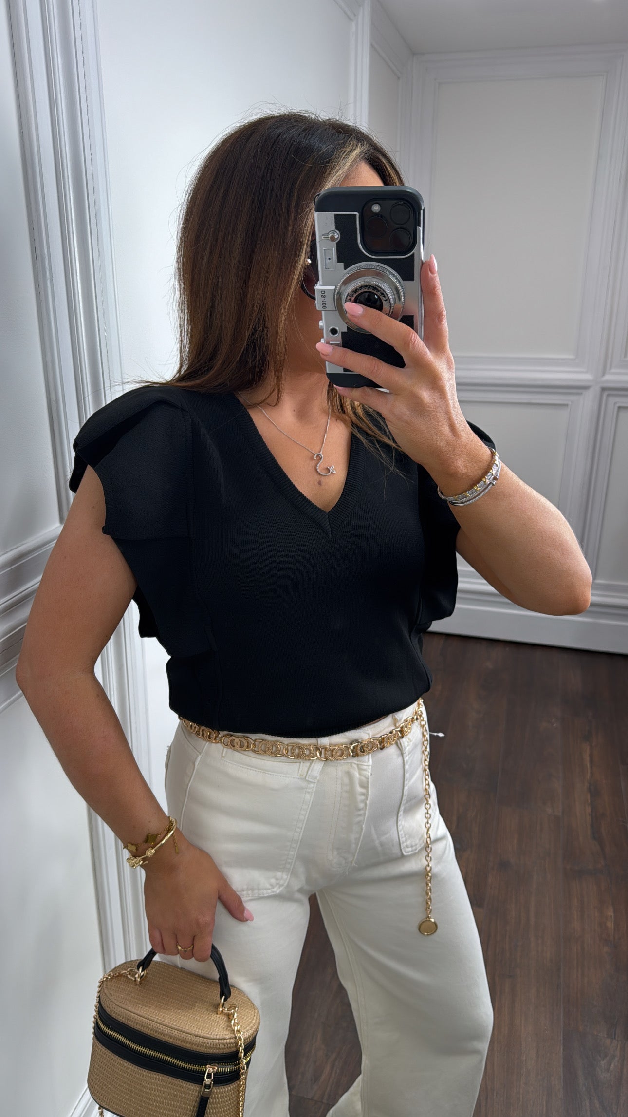 LILY black ruffle v-neck knitted top