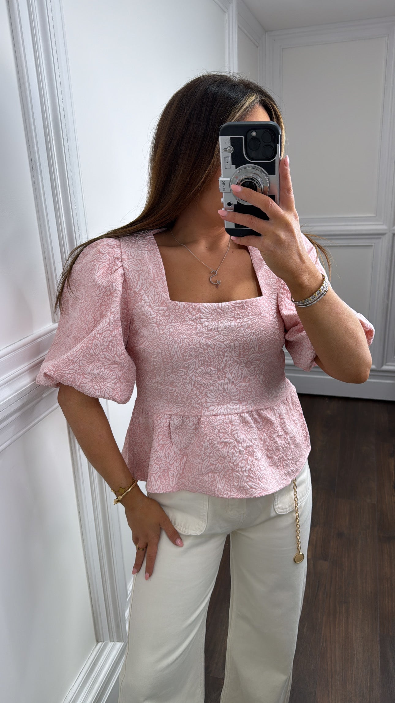 KERI pink floral puff ball sleeve top