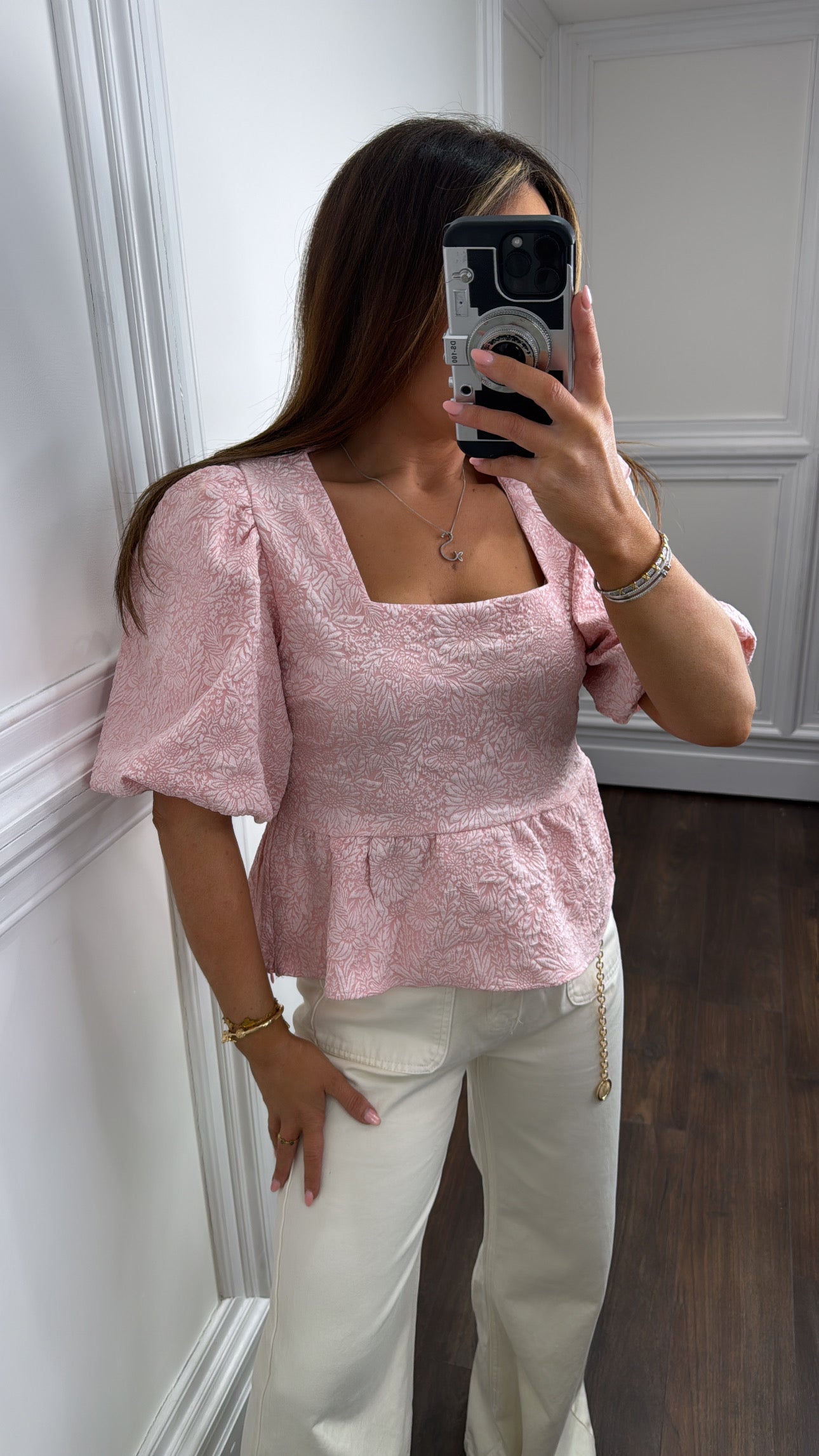 KERI pink floral puff ball sleeve top