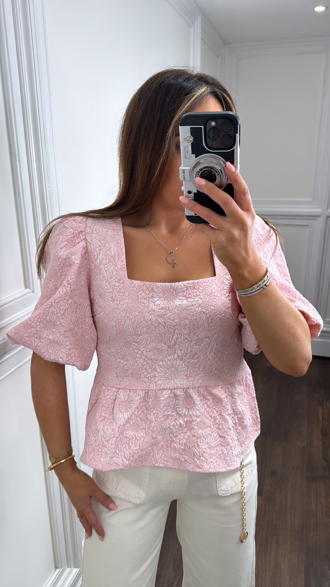 KERI pink floral puff ball sleeve top