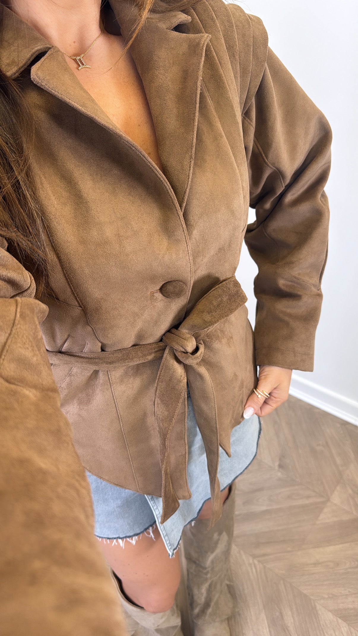 CORINA camel suede belted jacket
