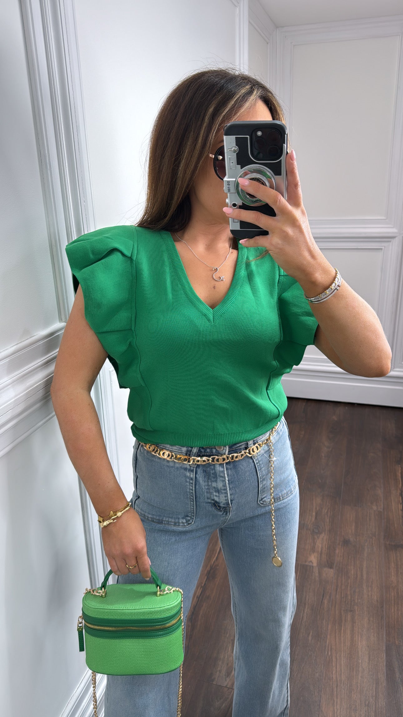 LILY emerald green ruffle v-neck knitted top