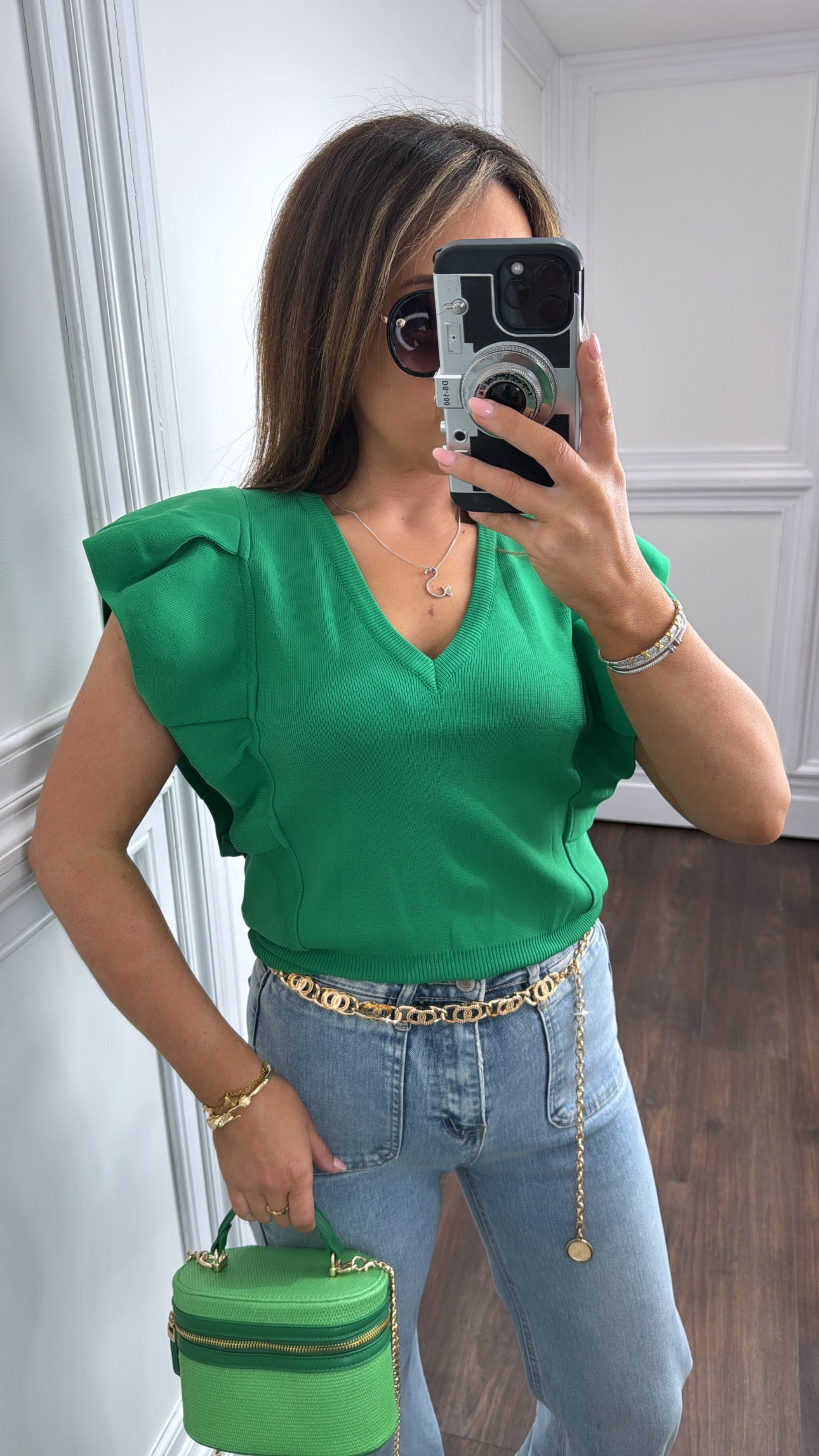 LILY emerald green ruffle v-neck knitted top