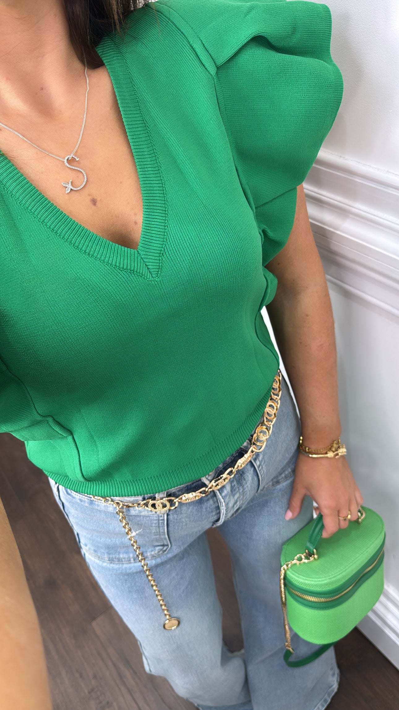 LILY emerald green ruffle v-neck knitted top